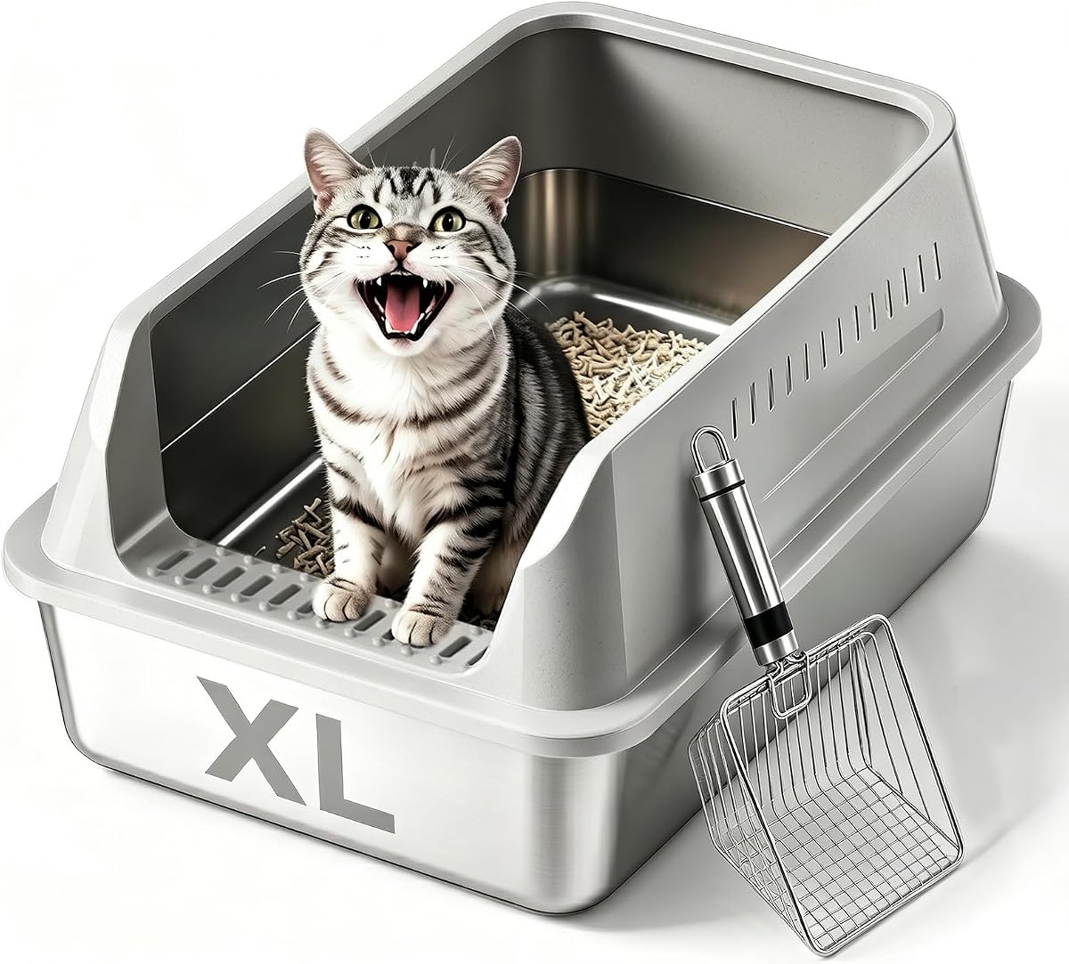 XL Enclosed Stainless Steel Cat Litter Box with Lid, Extra Large Metal Litter Box for Big Cats,High-Sided Anti-Urine Leakage, Odor-Free Non-Stick, Easy to Clean, Includes Metal Scoop
