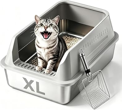XL Enclosed Stainless Steel Cat Litter Box with Lid, Extra Large Metal Litter Box for Big Cats,High-Sided Anti-Urine Leakage, Odor-Free Non-Stick, Easy to Clean, Includes Metal Scoop