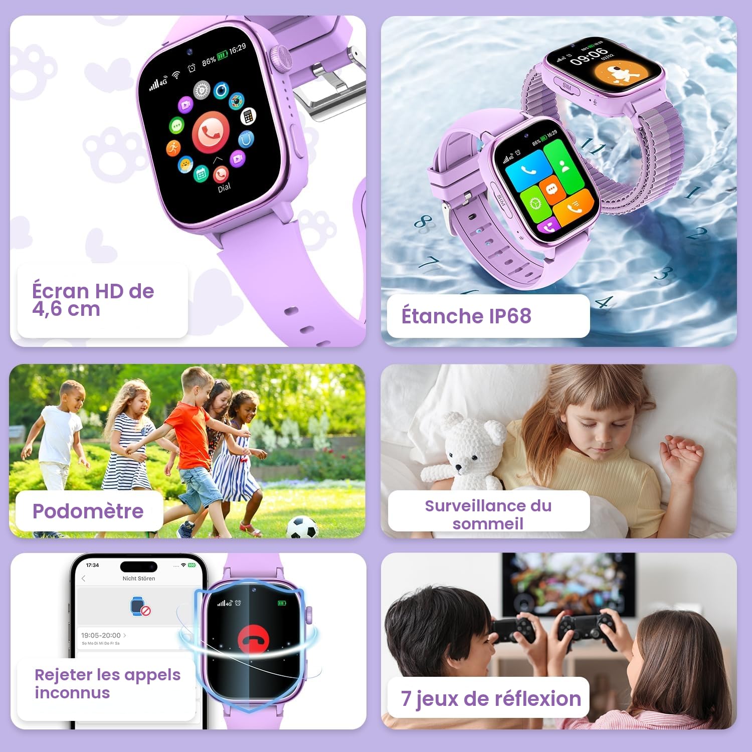 RUXINGX Montre Connectée Enfant GPS, 4G Montre Intelligente avec Carte Sim/SOS/Mode Classe/Appels Vidéo/Chat Vocal/Téléphone/Podomètre/Réveil/Jeux, IP68 Étanche Smartwatch pour Garçons Filles, Violet