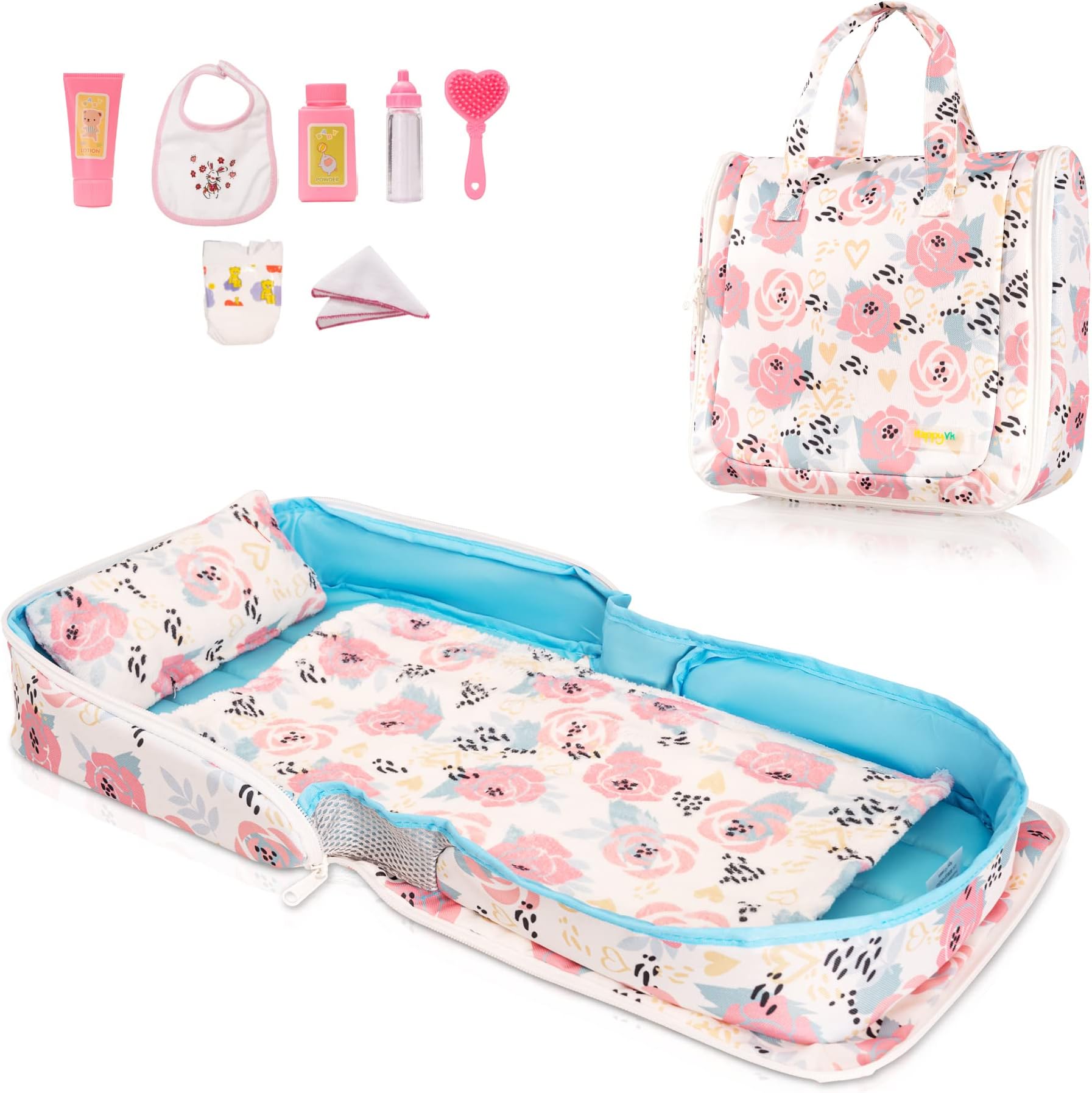 Baby Doll Bed Set - Portable Doll Bassinet for Dolls up to 21 Inches - Handbag for Girl - Pink Roses