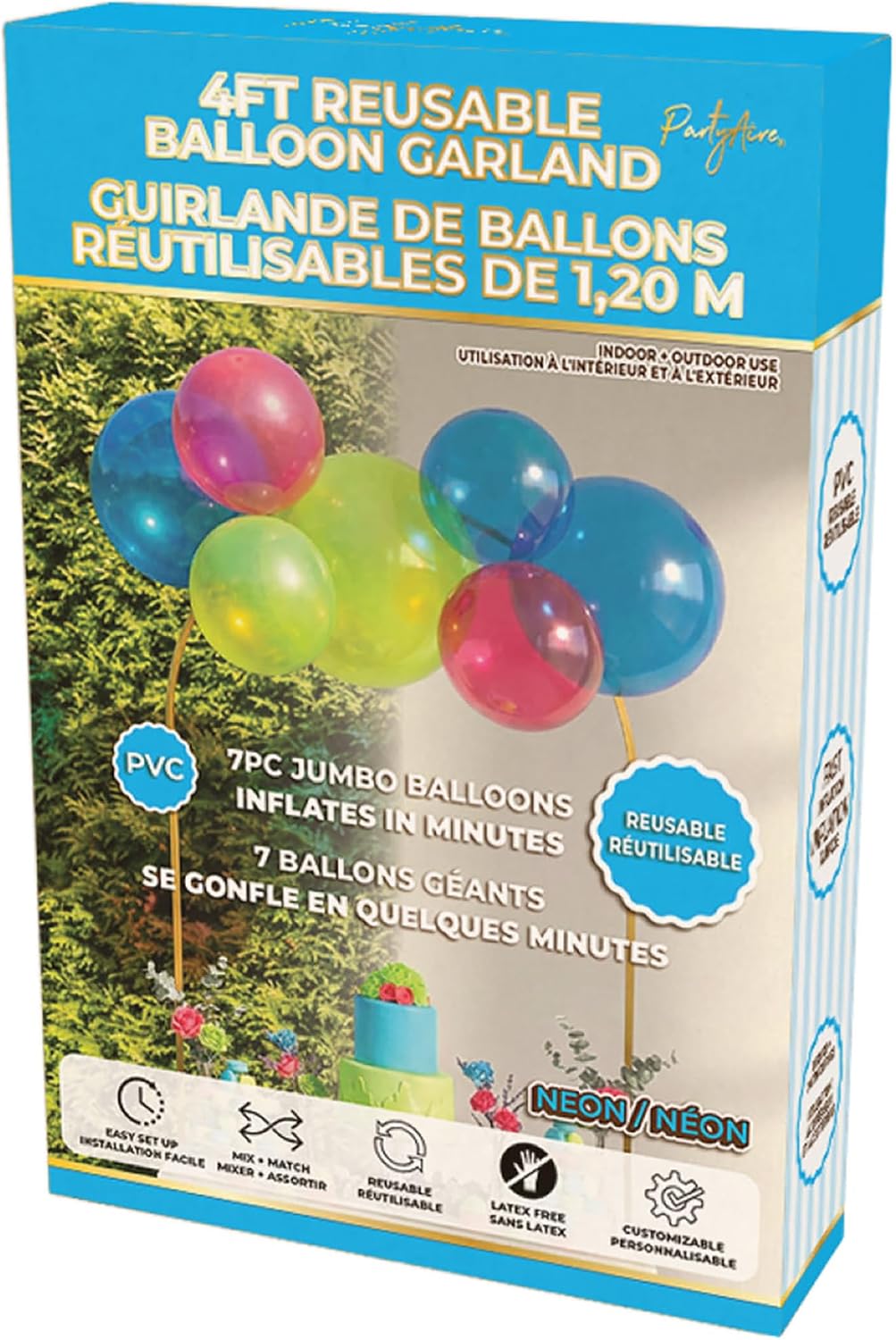 4ft Reusable Balloon Garland - Neon - Yellow-Pink-Blue Mix, Party Decoration, 7 Pre-Connected PVC Balloons, In-Outdoor, Birthdays-Showers