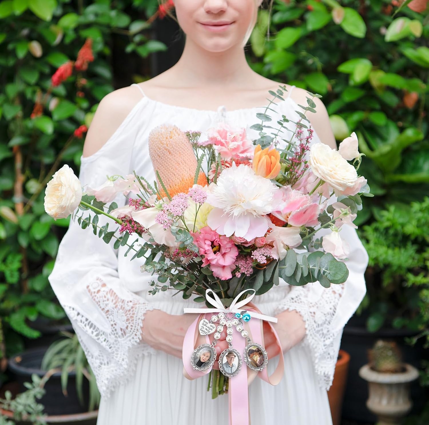 Wedding Bouquet Photo Charms Oval Bridal Bouquet Charm with 3 Picture Frame, You Are Always in My Heart DIY Picture Bride Memorial Charm for Wedding Memory - Image 4