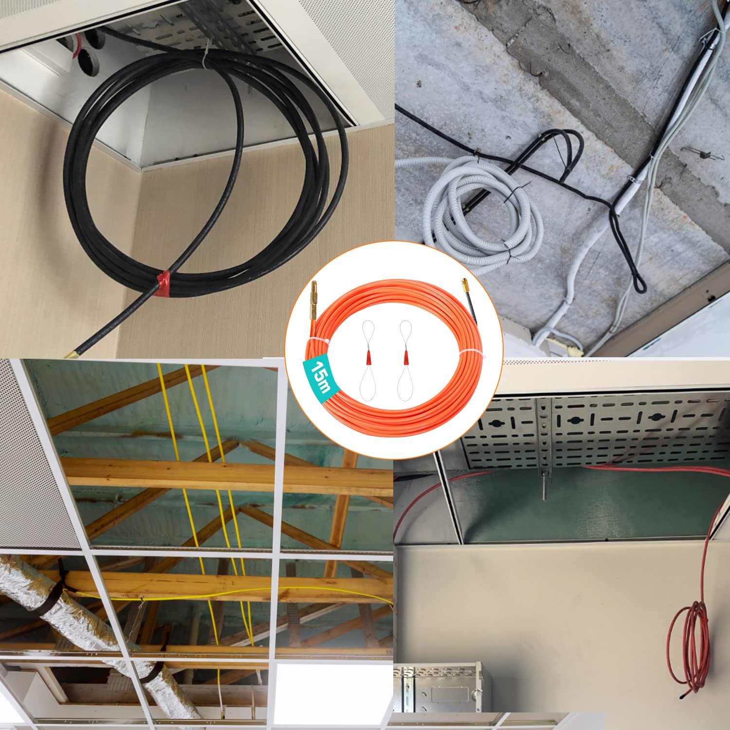 CONNECTION Sonda Passacavi Sonda Elettricista Sonda Tiracavi di Poliestere 15m Sonda Tiracavi con 2 Molla di Guida Molla Elettricista 3mm Kit di Strumenti per l’installazione di Cavi
