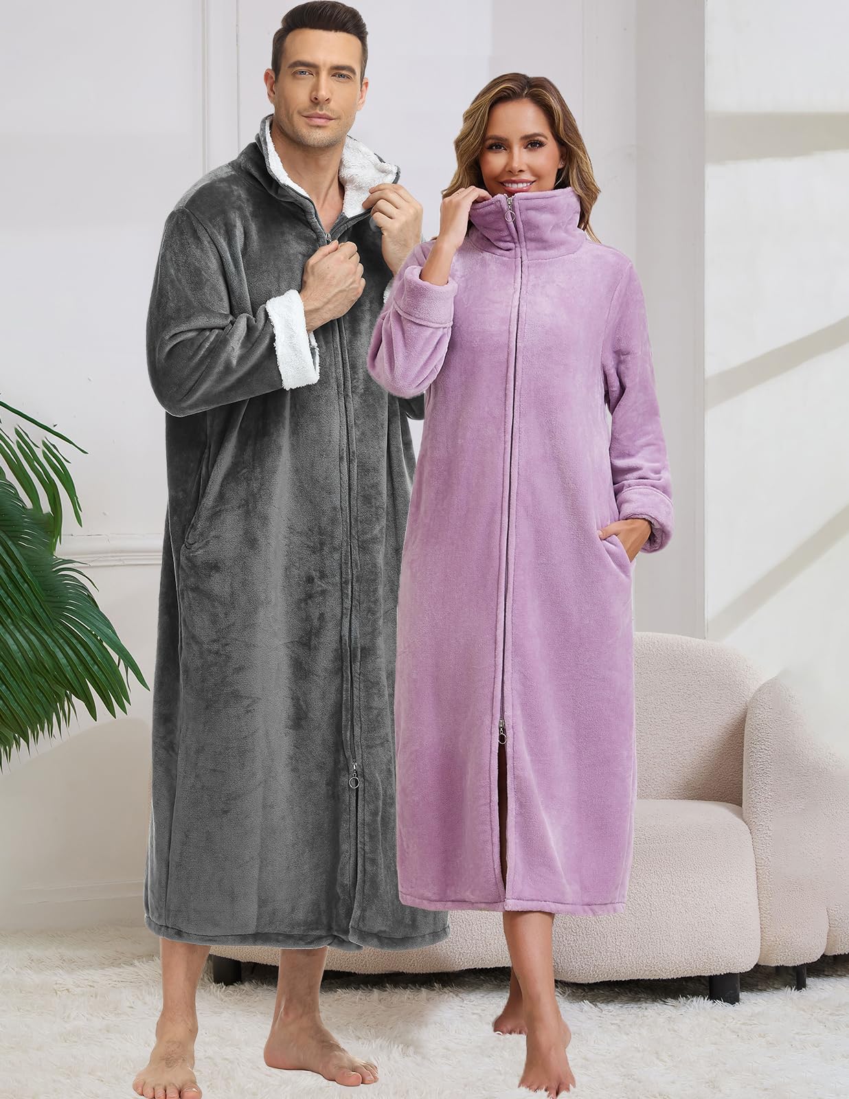 Rubehoow Accappatoio da donna in pile morbido e caldo cappotto di casa peluche flanella cerniera accappatoio con tasche per l'inverno