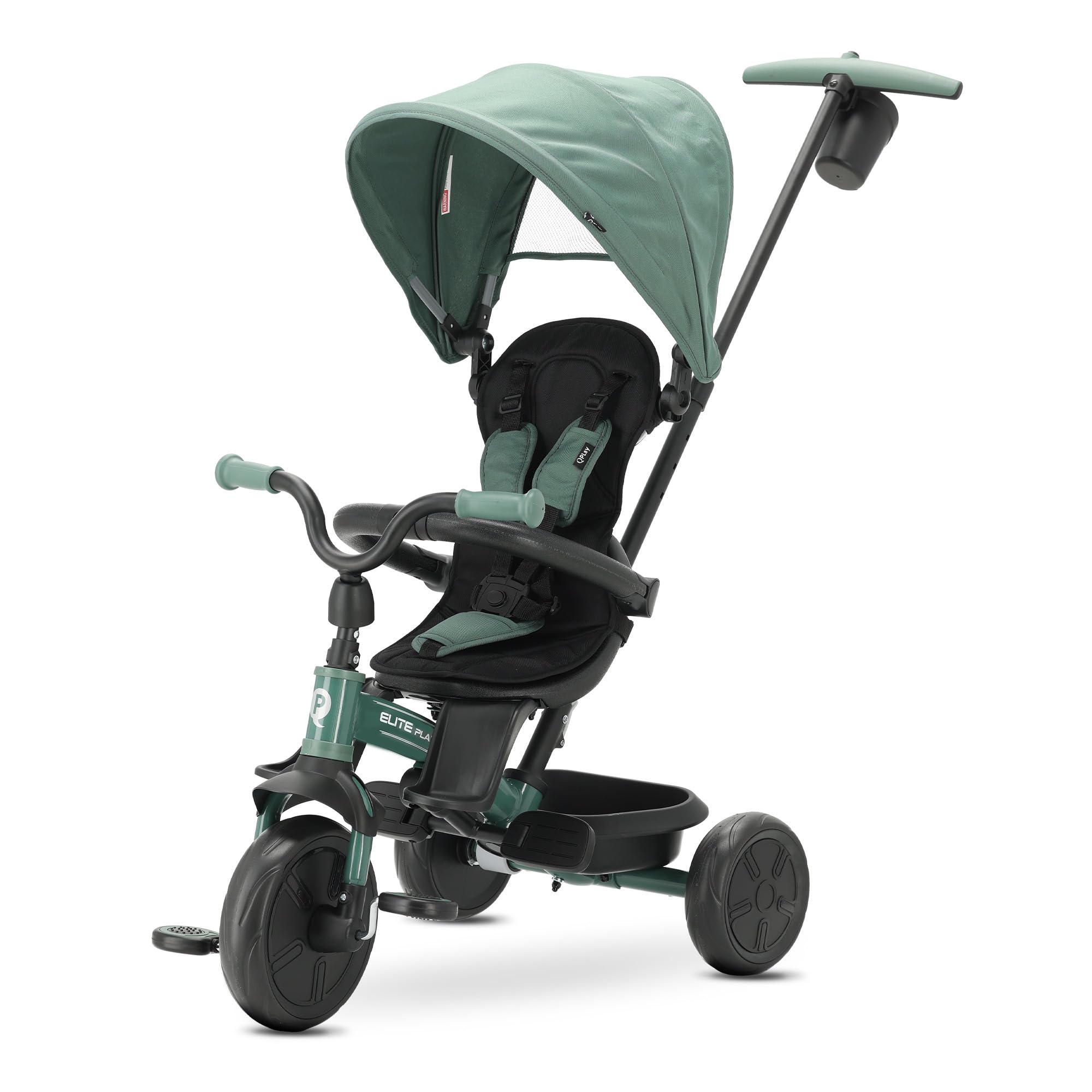 Triciclo Evolutivo QPLAY Elite Platinum 6 in 1 con sedile girevole a 360°, per bambini da 10 a 36 mesi, Maniglione direzionale, Capottina XL, Poggiapiedi e cestino (Verde)