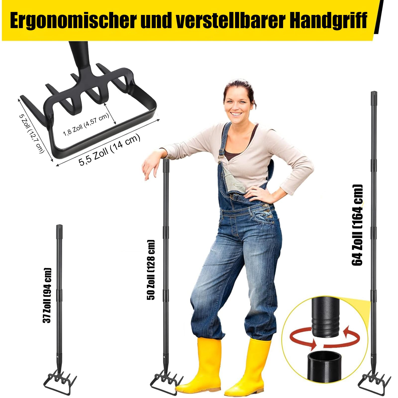 Houe de Jardin avec Râteau, Houe à étrier et râteau à pointes 4 dents 2 en 1, 94-167cm Adjustable length inoxydable Serfouette Binette Trident de Jardin pour désherber, meubler le sol