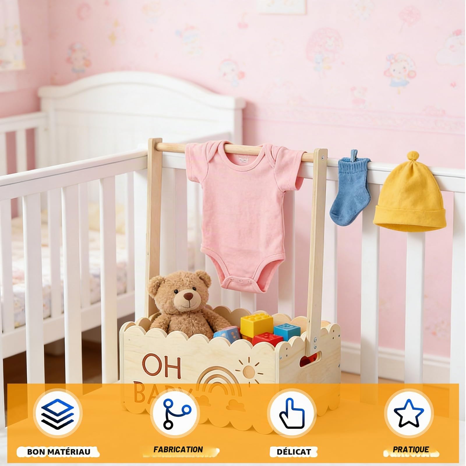 Cadeau de fête prénatale en bois avec poignée - Panier de rangement pour bébé - Panier cadeau en bois pour nouveau-né - Pour nouveau-né - Idéal pour les couches, les vêtements et les jouets (couleur