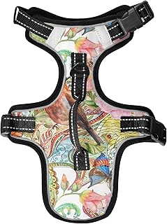 Seamless Yellow Pink Blossoms Flowers with Leaves, Bird Butterflies Dog/Cat Vest Harness, Reflective Adjustable Antiskid No Pull Pet Harness with Leash Clips Easy Control Handle for Cats Dogs M