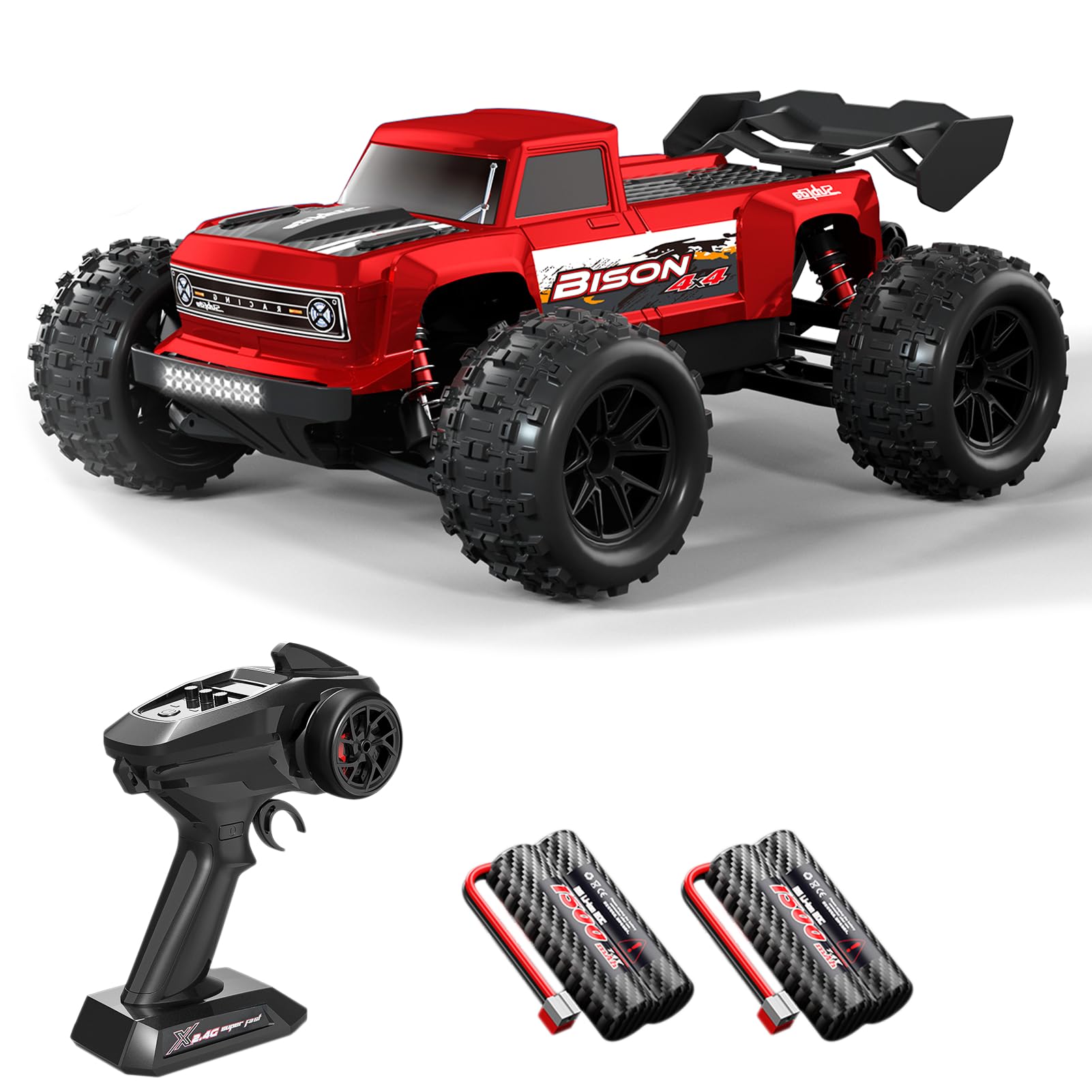 Dodoore Remote Control Car, 1/16 Scale RC Truck, 36KM/H High Speed RC Cars, 2.4GHz 4WD All Terrains Off-Road RC Monster Truck with LED Light and 2 Rechargeable Battery Gifts for Adults (Red)