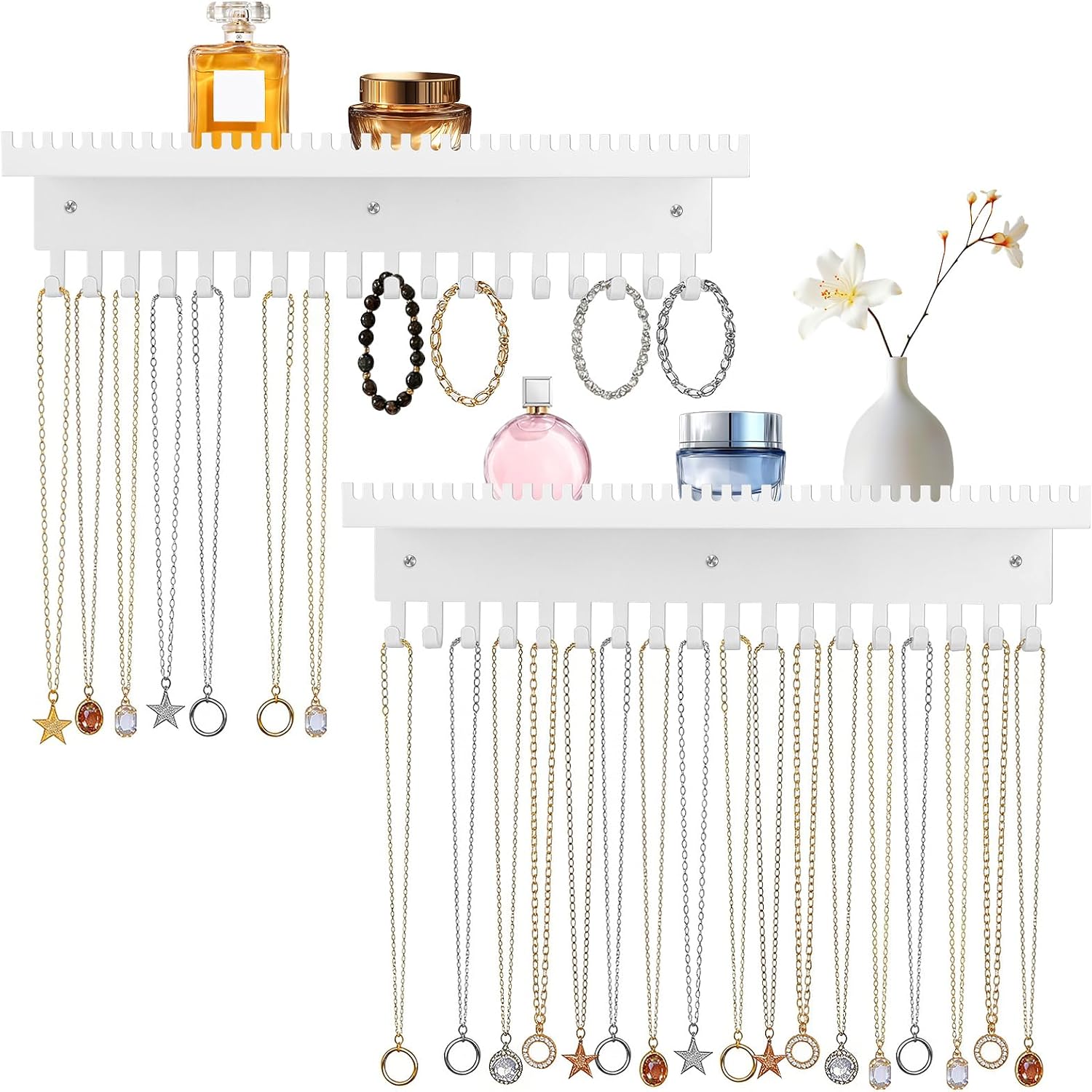 2 Pcs White Alloy Necklace Holder Wall Mount, Heavy-Duty Wall Jewelry Organizer with 18 Hooks & Cosmetics Storage Tray, Space-Saving Hanging Jewelry Organizer for Necklaces Bracelets Rings Perfume