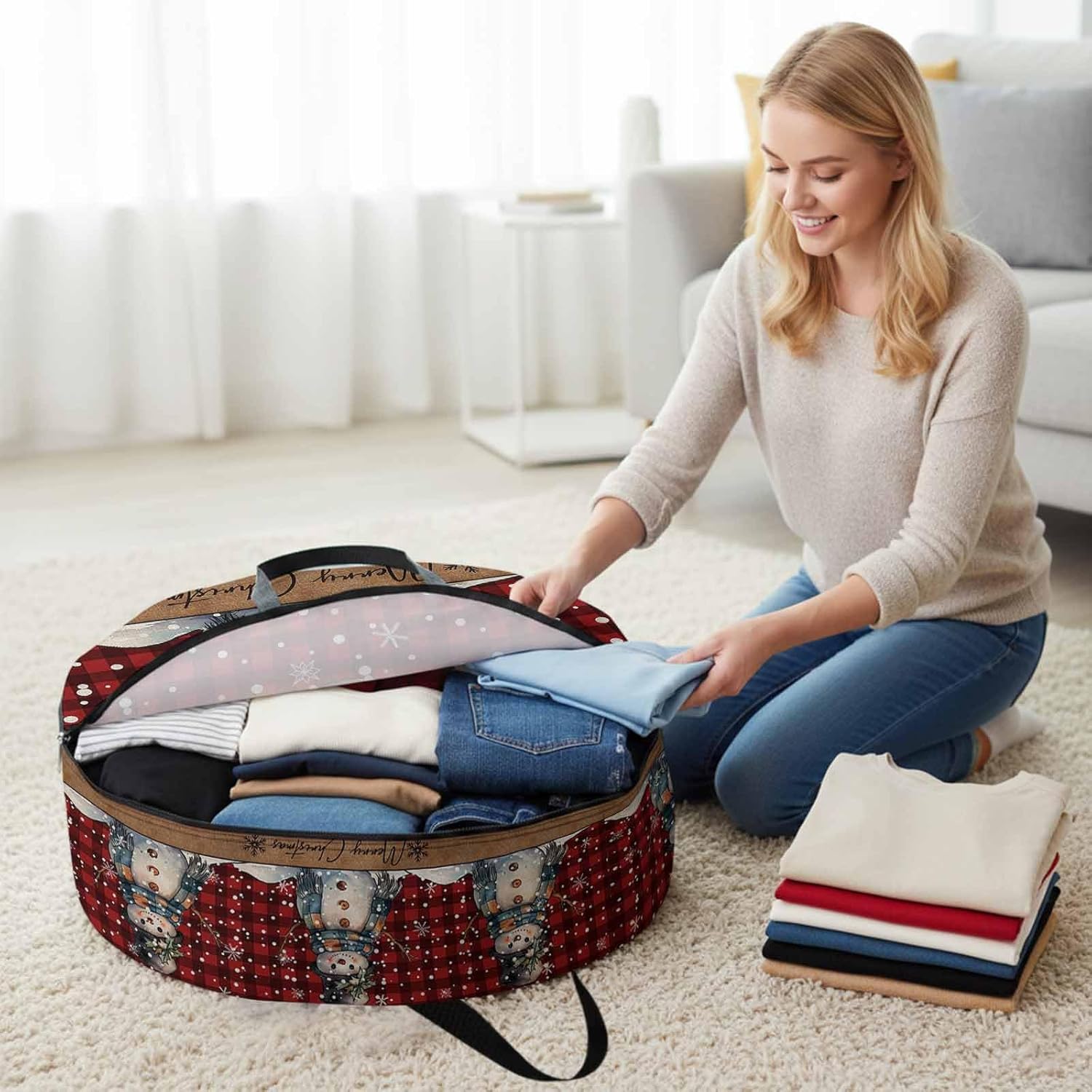 Christmas Cartoon Round Storage Bag 36 Inch, Snowman with Snowflakes Red Plaid Clothes Storage Container with Handles Heavy Duty Organizer for Comforter, Bedding & Holiday Wreaths