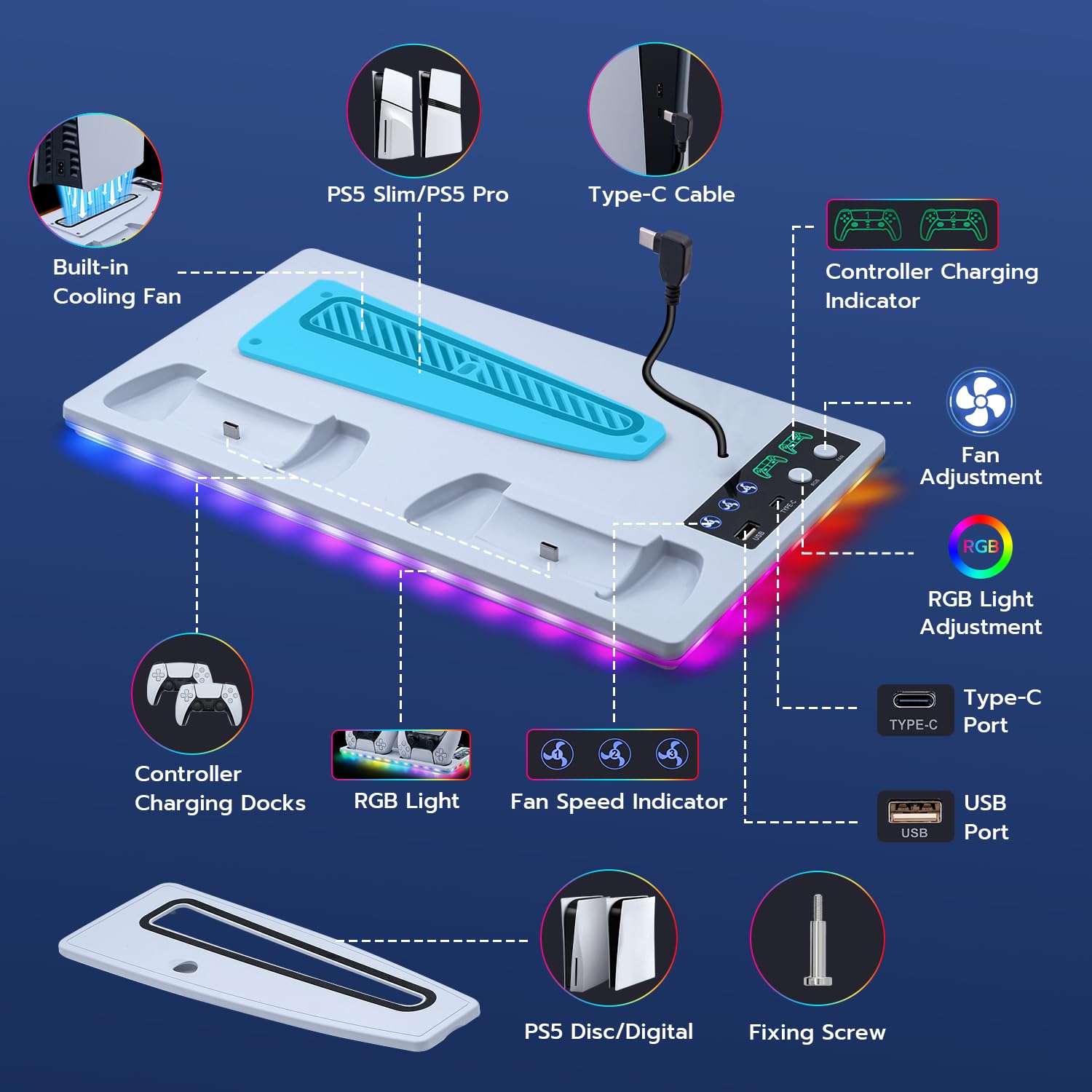 Soporte para PS5 / Slim/Pro, Ventilador de Refrigeración de 3 Velocidades, Cargador de Controlador para PS5 con Indicador RGB, Estación de Carga PS5 Slim Digital/Disc Edition con 2 USB