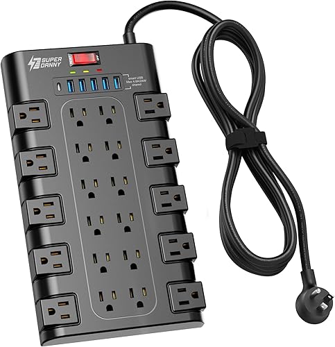 Miniatura 17 de Regleta de alimentación, SUPERDANNY - Protector contra sobretensiones con 22 tomas de corriente AC y 6 puertos de carga USB, 1875 W/15 A, 2100