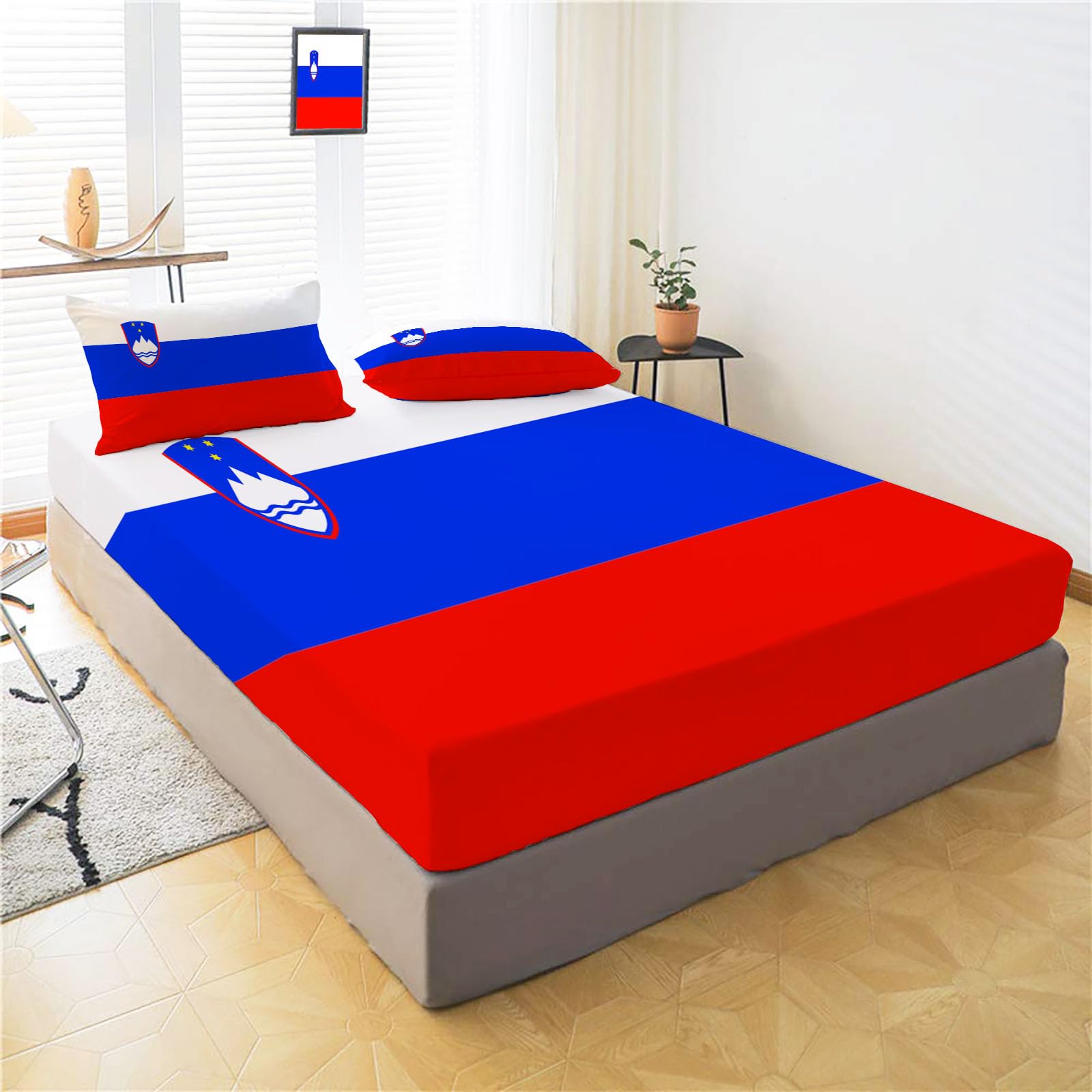 Sabana Bajera 150X190/200Cm Ajustable Bandera De Eslovenia Bajera Cama Niños, Profundidad De 30 Cm Sabanas Microfibre Suave Cómoda Azul Rojo, Geométrico Moderno Sabanas Bajeras Elástica