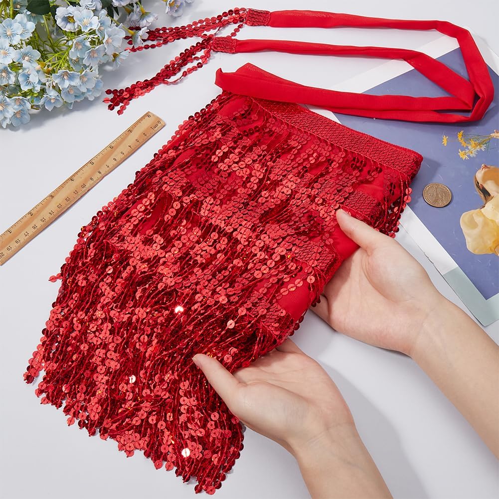 GORGECRAFT Sequin Belly Dance Hip Scarf Tassel Skirt Wrap Fringe Skirt Red Sparkly Rave Costume for Women Mardi Gras Yoga Belly Dancing Festival Clothing Halloween Party 91.34inch/232cm