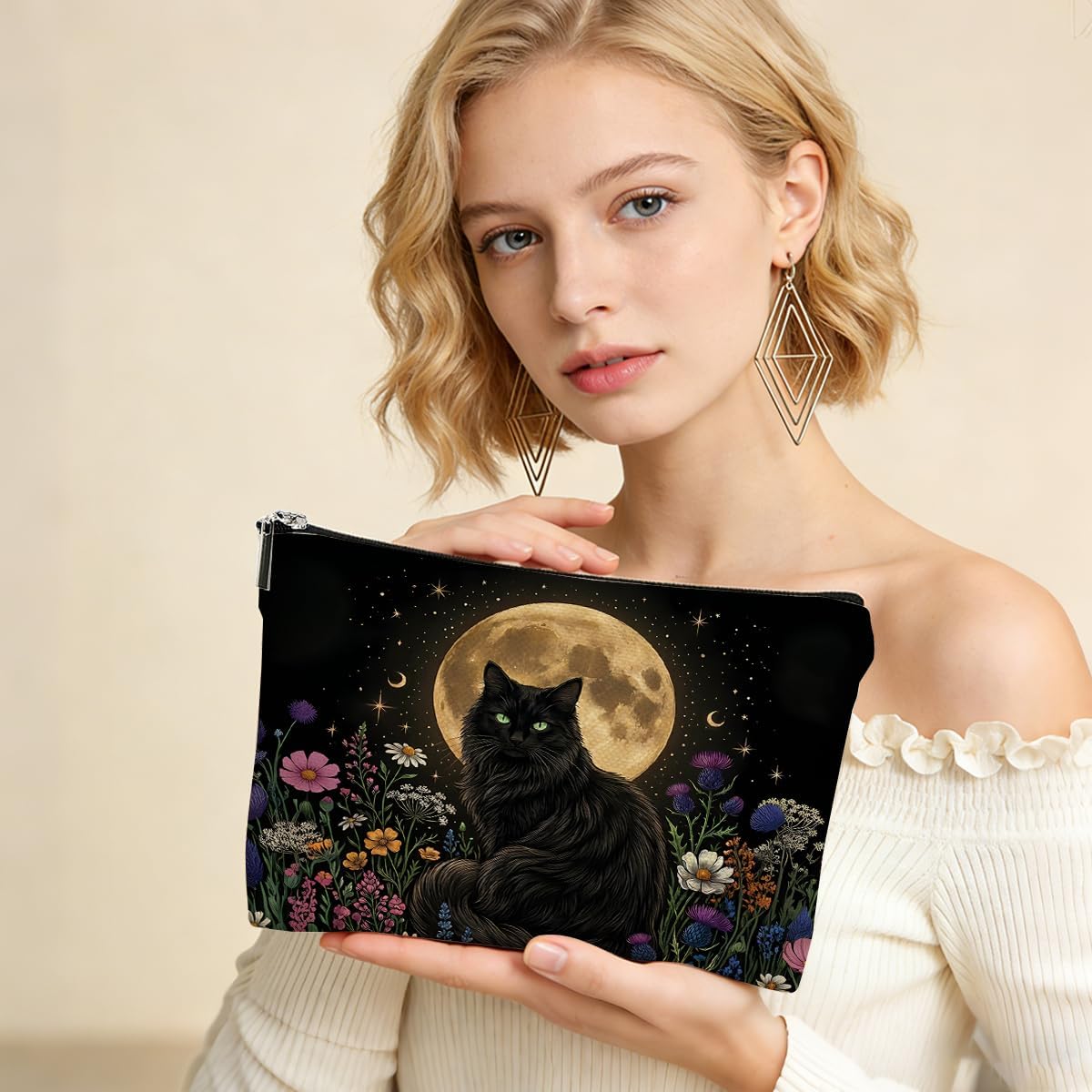 Moon Cat Makeup Bag Boho Flower Cosmetic Bags Travel Toiletry Zipper Pouch image 4