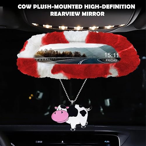 Miniatura 7 de Juego de 11 piezas de accesorios esponjosos para automóvil, fundas de volante de felpa con estampado de vaca esponjosa para mujer, funda de freno de