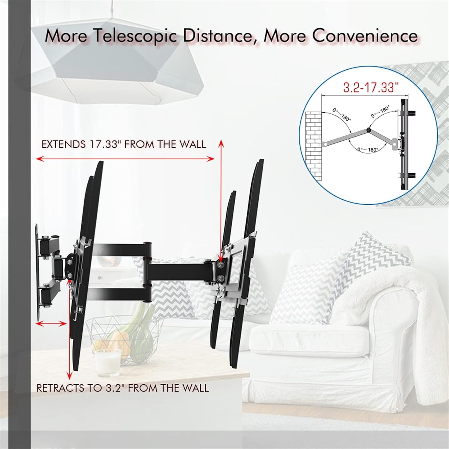 Full Motion TV Wall Mount - Swivel and Tilt 10~10° for Most 32-65 Inch Flat Screen TV - Articulating Tilt 3 Arms - Double Pendulum Large Base TV Stand - Max VESA 400x400mm - 77.16lbs Load Capacity