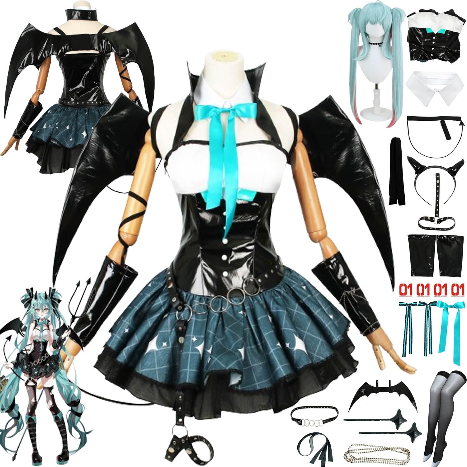 Anime Little Devil Miku Disfraz de cosplay H'atsune M'iku Uniforme Conjunto Completo Halloween Fiesta Traje de vestir con Peluca Tocado Alas Pegatinas para Mujeres Niñas - M