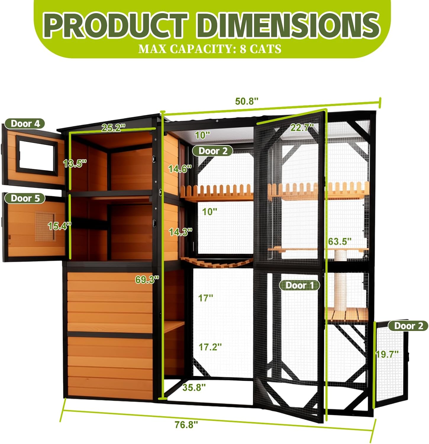 Catio Outdoor Cat Enclosures, Large 4 Tiers Wood Cat House, Cat Enclosure Connect to Window with Weatherproof Roof, 4 Platforms, Scratching Pole & Bridge