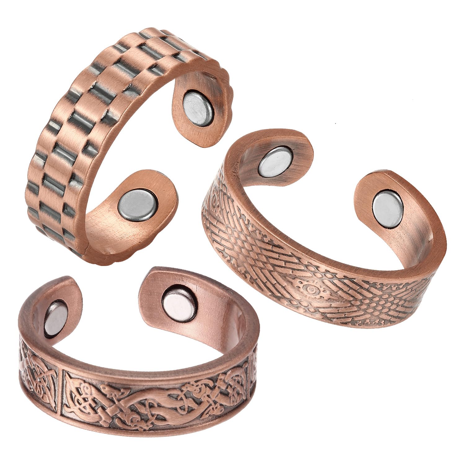 Fashtour 3 Copper Rings for Men, 99.99% Solid Pure Copper, 3pcs 3500 Gauss #9 Rings, Vintage & Cross Pattern Adjustable Cuff Ring