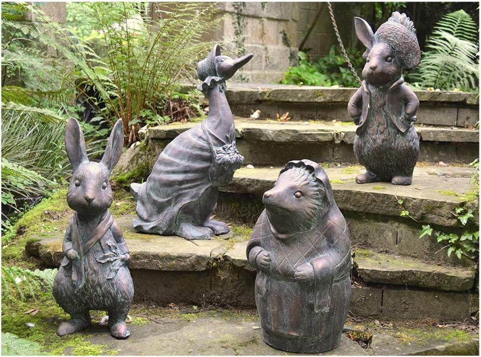 F&G Supplies 4 Beatrix Potter Garden Sculpture Statues 50cm bronze finish- featuring Peter Rabbit, Benjamin Bunny, Mrs Tiggy Winkle and Jemima Puddle-duck hand finished with an aged verde finish