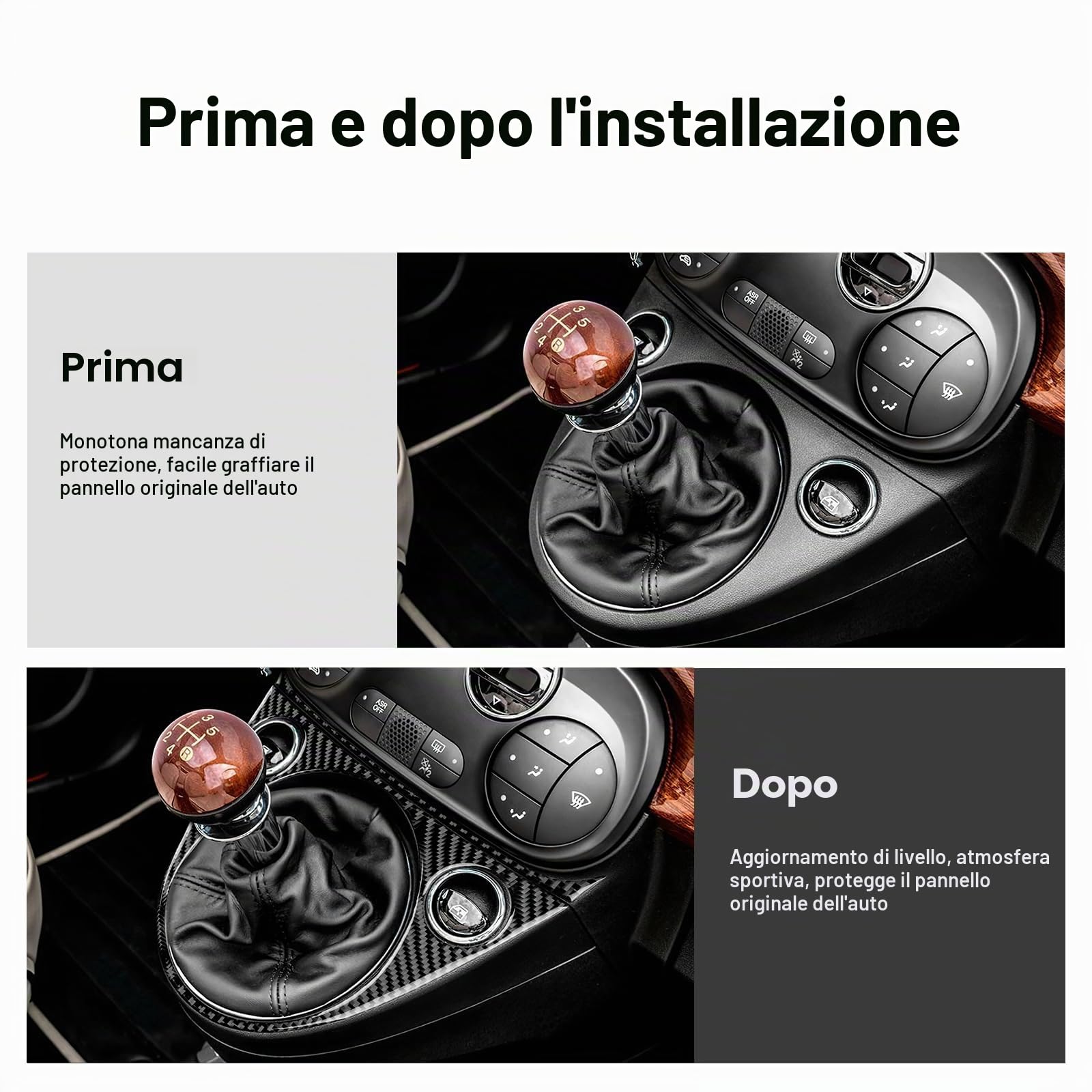 KUNGKIC Per Fiat 500 2011-2023 Abarth 595 695 2016-2023 Centrale Auto Console Decorazione Pannello Leva Cambio Cambio Telaio Interno Fibra di Carbonio Accessori Regalo (Nero Trasmissione Manuale)
