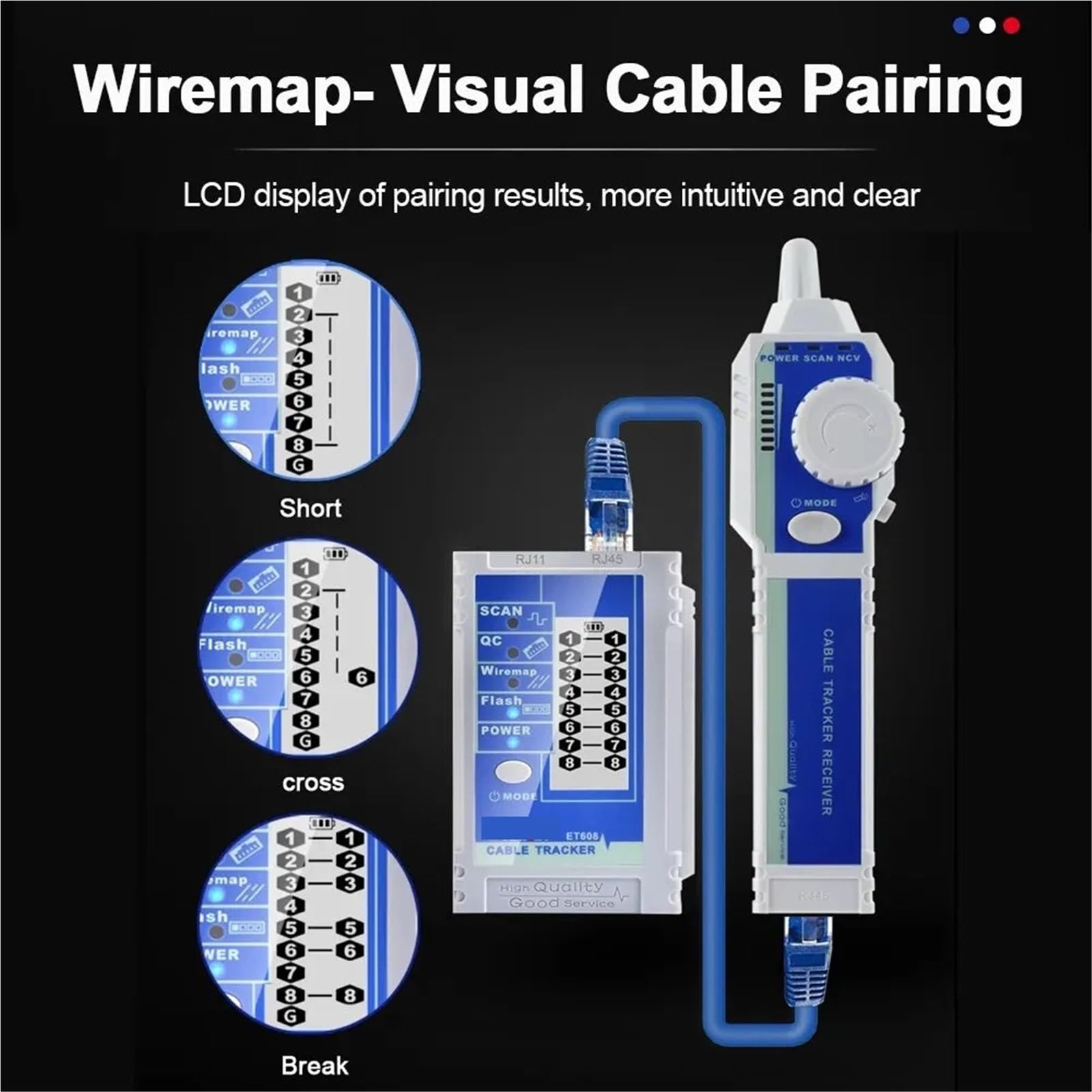 Localizzatore di Cavi, Tester LAN con display LCD, doppia batteria al litio, connettore di rete, test crimpatura, POE Flash, vibrazione digitale, tracciamento cavi