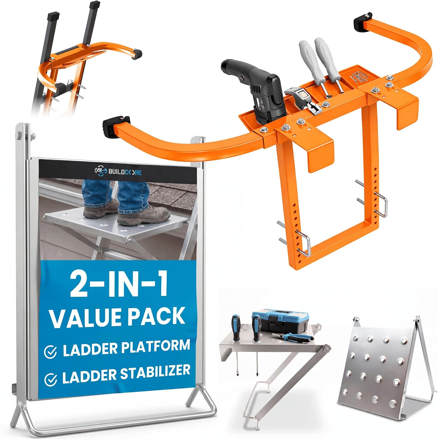 Heavy Duty Ladder Stabilizer with Tool Tray & Work Platform, 500 LBS Steel Standoff + 400 LBS Non-Slip Aluminum Platform, for Gutter Cleaning, Roofing, Painting, HVAC & Electrical