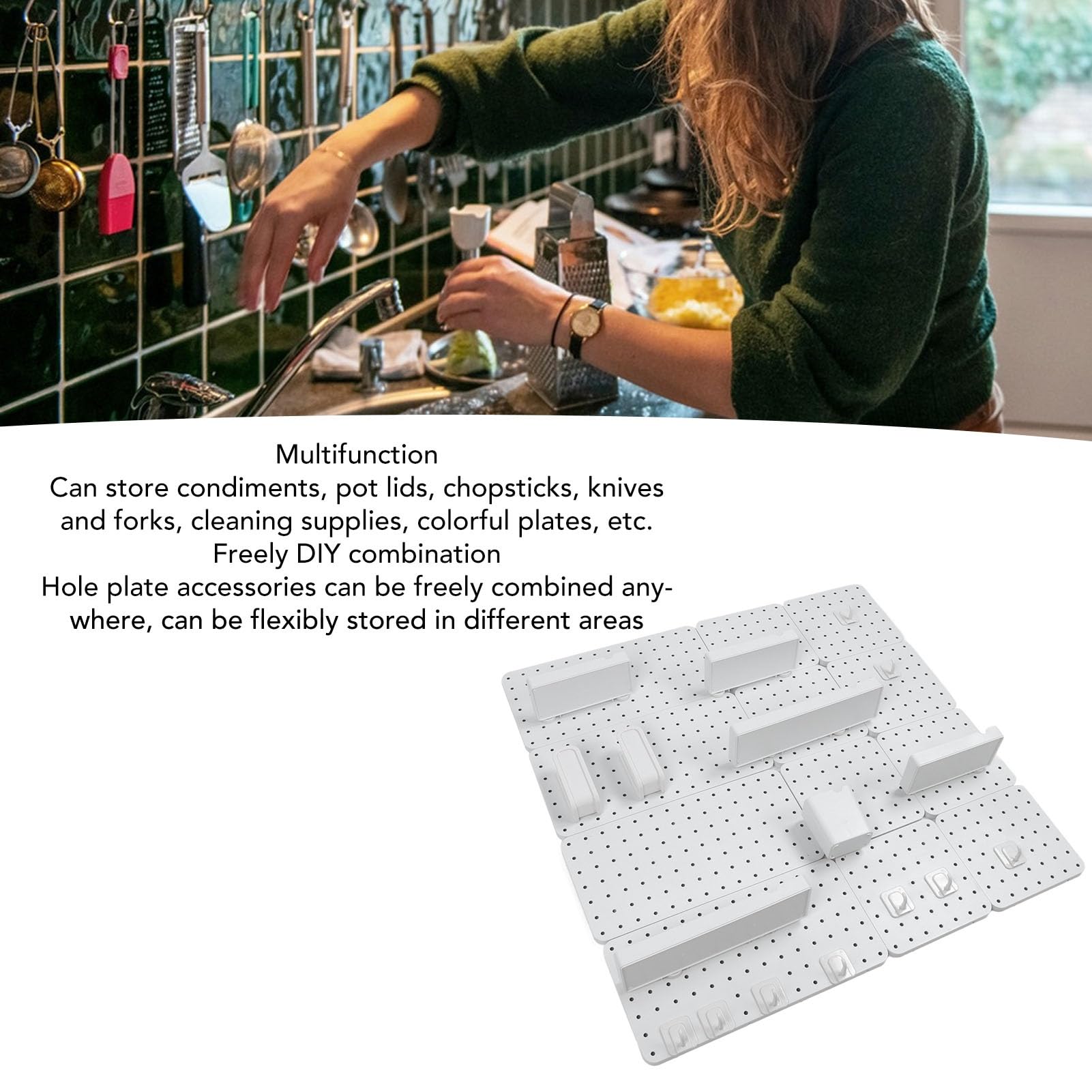 Organizador de Pared Combinado de Tablero Perforado que Ahorra Espacio para Baño y Garaje Fácil Instalación Material Duradero 21x21cm 42x21cm (Conjunto 8)