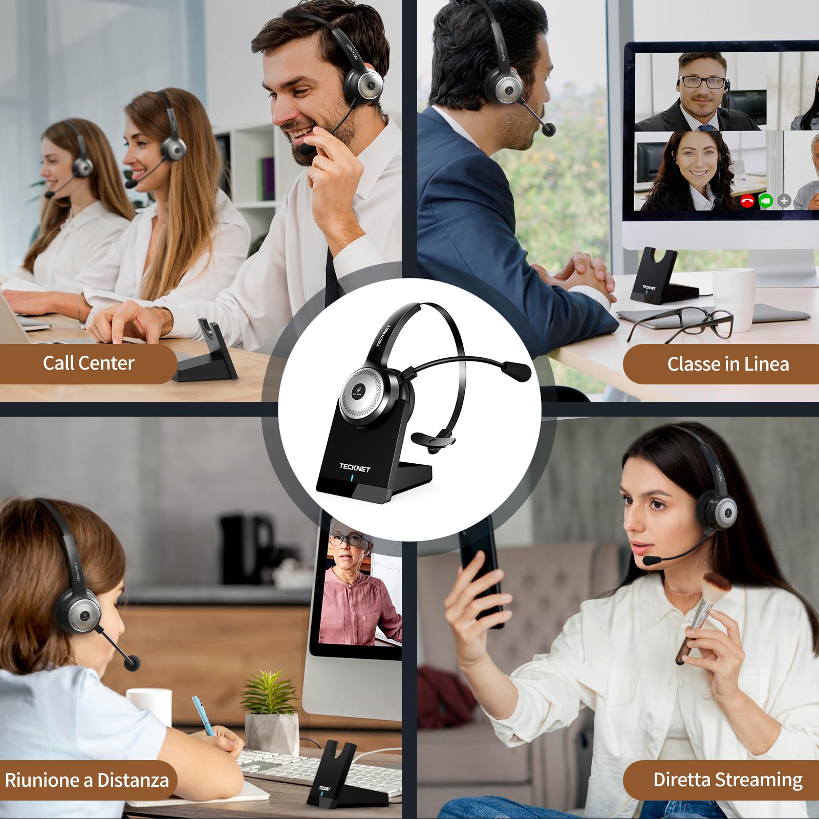 TECKNET Cuffie Bluetooth Senza Fili con Microfono, Cuffie Wireless per PC con Cancellazione del Rumore AI, Cuffie sull'orecchiocon Stazione di Ricarica, per Camionista, Ufficio, Call Center