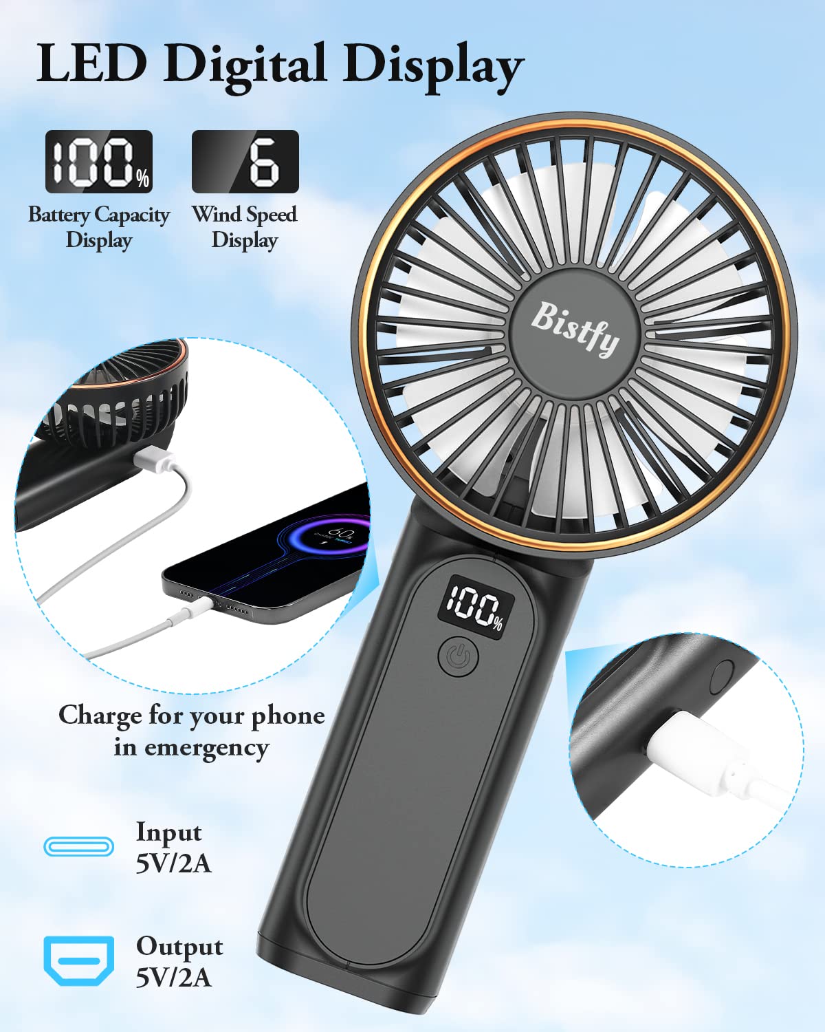 Bistfy Ventilatore Portatile 5200mAh Ultra Silenzioso 6 Velocità USB C Mini Ventilatori da Tavolo con LCD Display, 180° Pieghevole con Cordino come Ventilatore da Collo e Powerbank