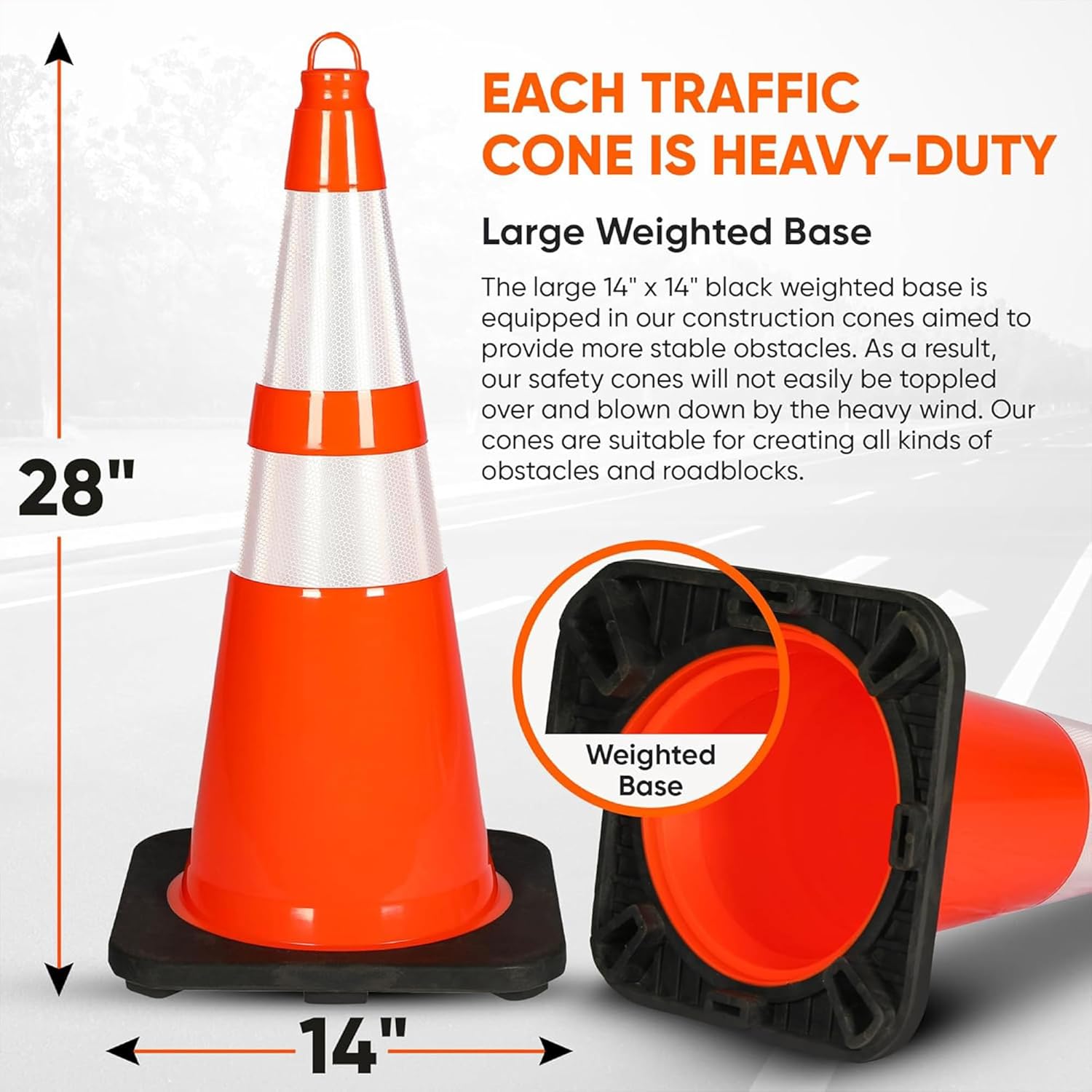 Pyle 28-Inch Safety Traffic Cones, 6-Pack Orange Parking Cones with Reflective Collars, Stackable PVC Construction for Roadwork, Sports Training & Events, Solid High-Density Base for Stability