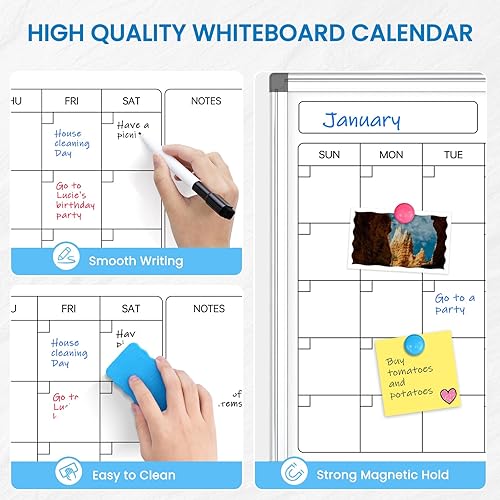 Vista 4 de Calendario mensual pizarra blanca de borrado en seco para pared, calendario magnético de 24 x 18 pulgadas, pizarra blanca de doble cara para Marco