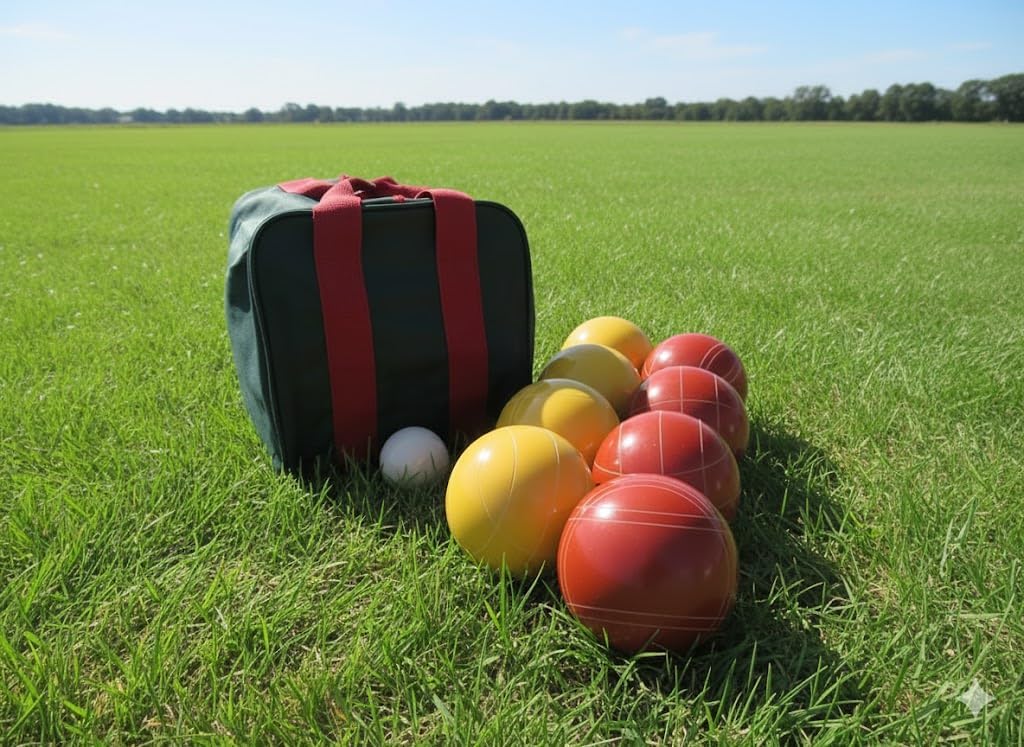 BuyBocceBalls Listing - Made in USA, Premium Quality Engraved Tournament Bocce Set, 998 Grams (2 lbs. 3.2 oz.). Various Bag Colors - 110mm Yellow and Rustic Orange Balls, Nylon Bag