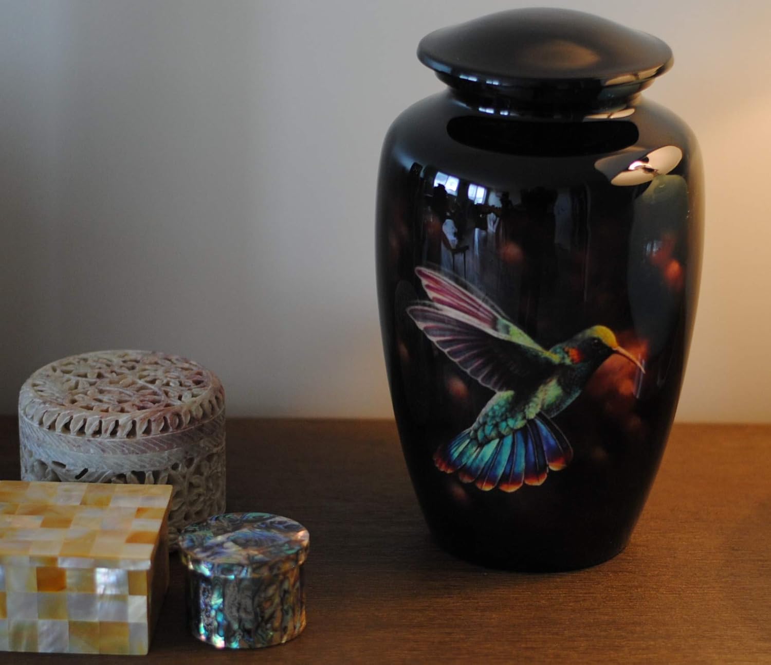 Brilliant Color Hummingbird Cremation Urn, Handcrafted, with Sleek Lacquer Coating, Height 10.5", Width 6"