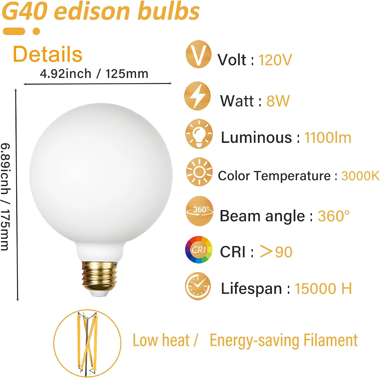 Large Globe G40 Decorative Edison Light Bulbs 8W 1100LM(100W Equivalent) CRI 90+, E26 dimmable Vintage Round LED Bulb for Home Office, Warm White 3000K, 2 Pack