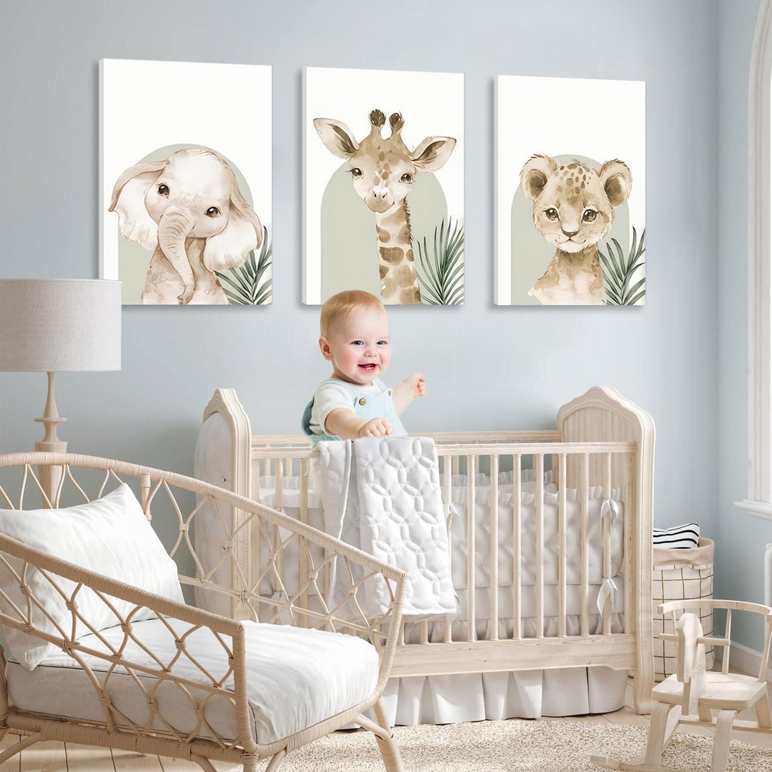 HNNXAR Nursery Wall Decor Animal Wall Art Safari Poster Nursery Canvas Art Woodland Jungle Decor Set of 3 Lion Picture Elephant Painting Giraffe Prints For Boys Girls Room Decoration 16x24 Framed