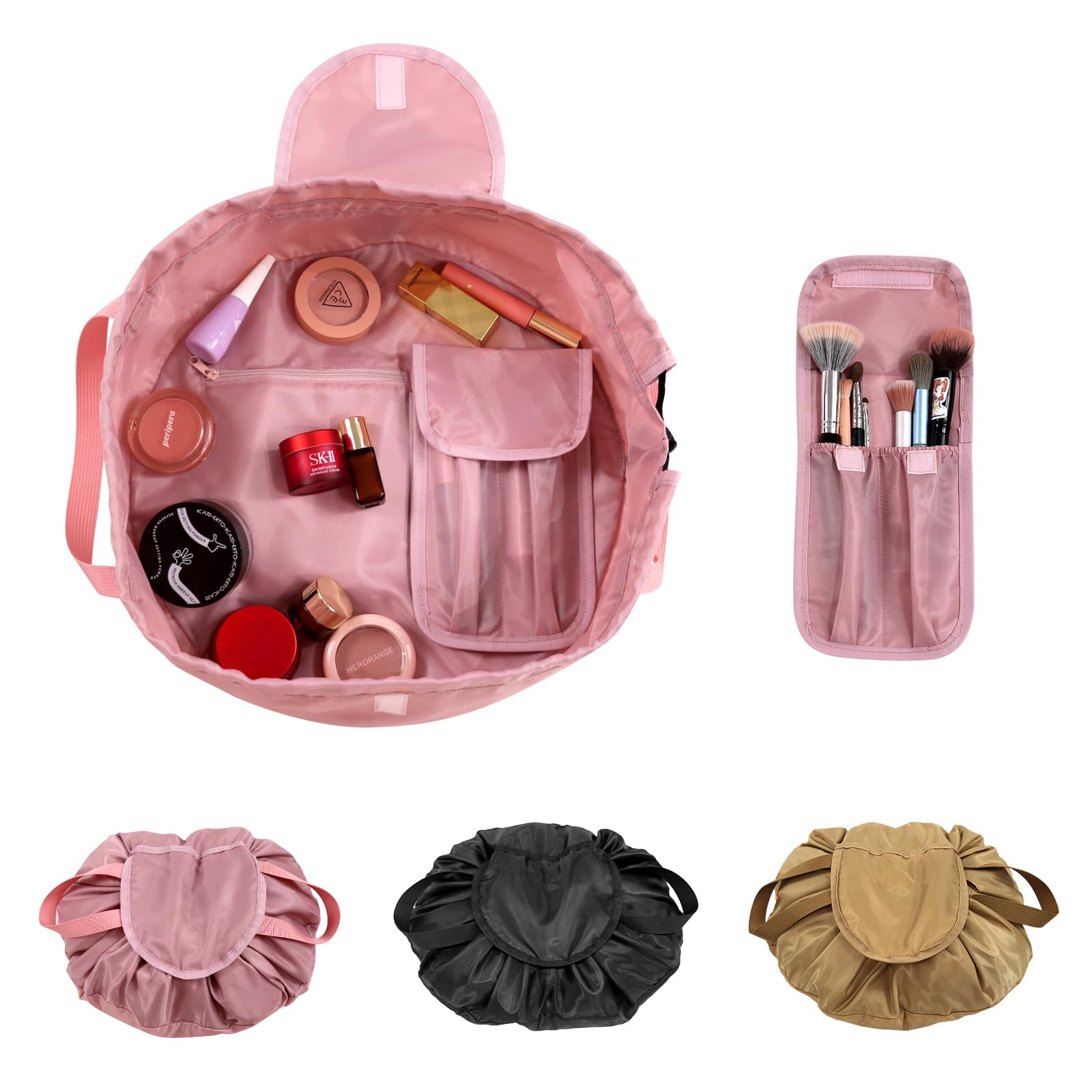 Drawstring Cosmetic Bag for Women - Barrel Drawstring Makeup Bag Lay Flat for Travel Toiletry Bag with Brush Bag (Pink)