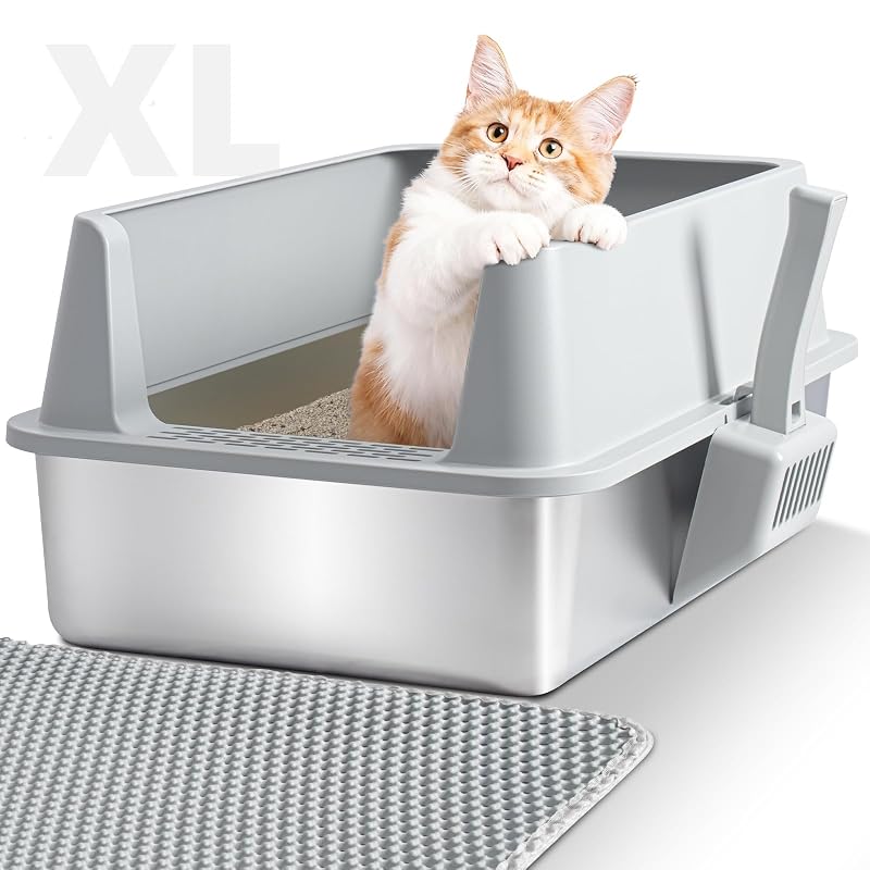 Caixa de Areia para Gatos em Aço Inoxidável com Tampa e Laterais Altas Exovyn, Grande a XL, 1 unidade