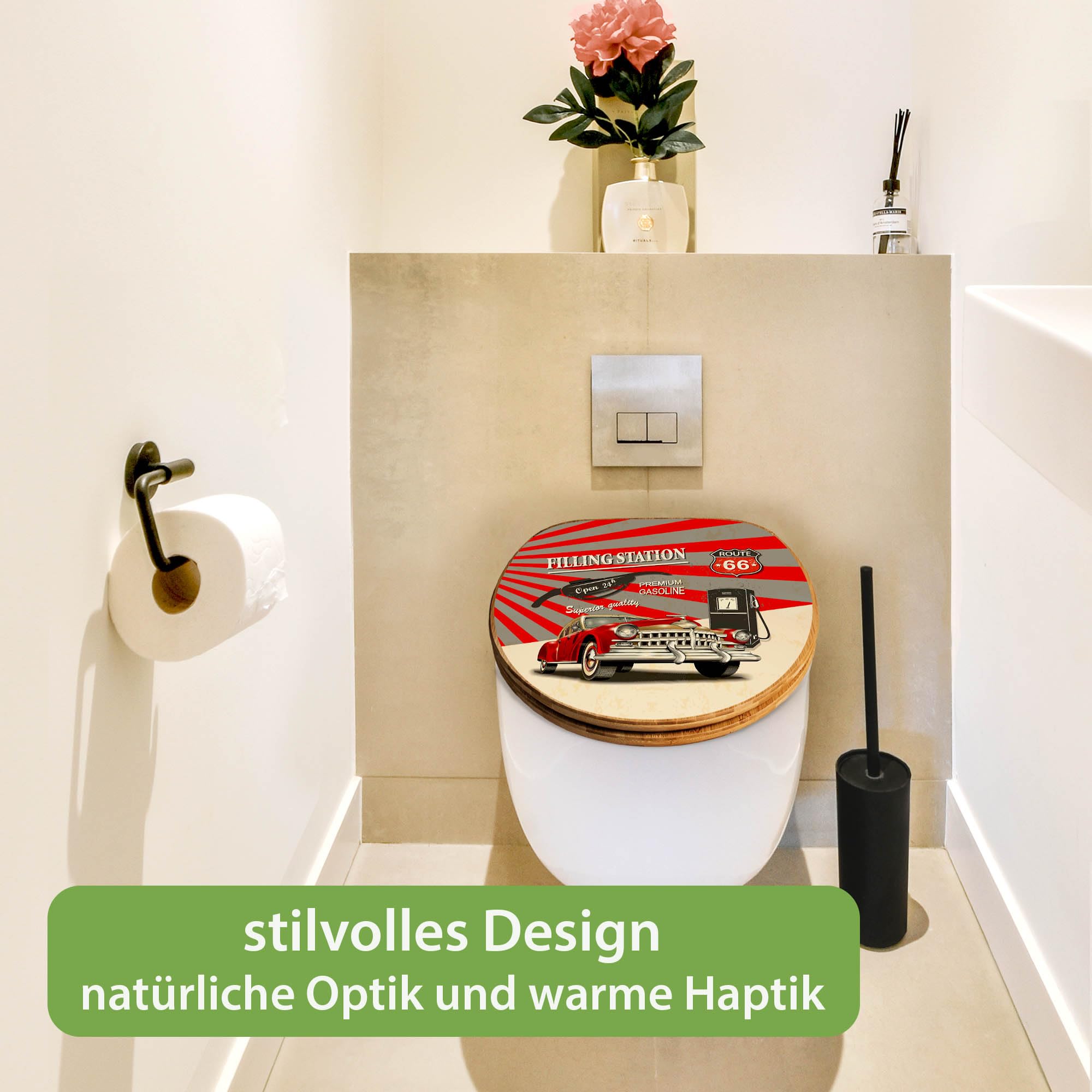 banjado Design WC Sitz Bambus Absenkautomatik 45,8x37,5cm - Toilettendeckel mit Absenkautomatik Holz - hochwertiger Bambus Klodeckel - WC-Sitz für gängigen Toiletten - Motiv Filling Station