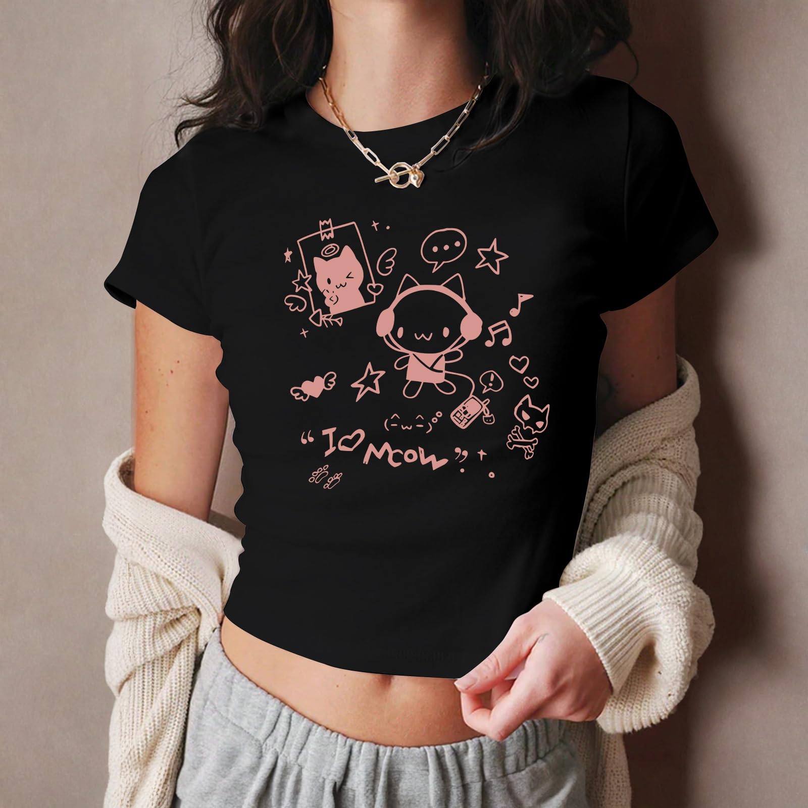 Oiiaayy Cute Baby Tees for Women Cat Kawaii Y2k Graphic Crop Top Harajuku Cartoon T Shirts Teen Girls Aesthetic Grunge Shirts: Black Small