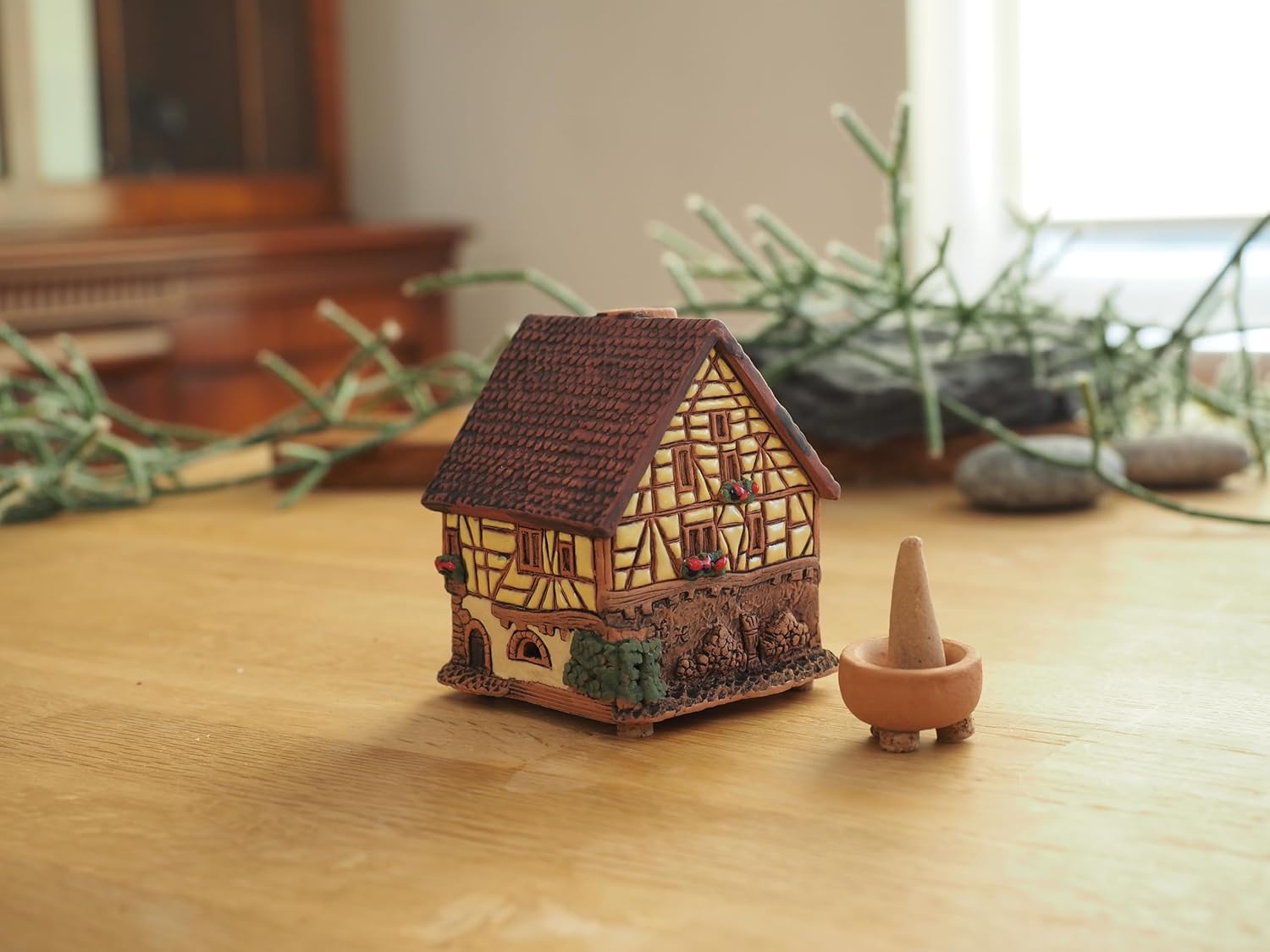Ceramic Art Cone Incense Holder Room Decoration Handcrafted Collectible Miniature Historical Timbered House in Kaysersberg, Alsace, France R265