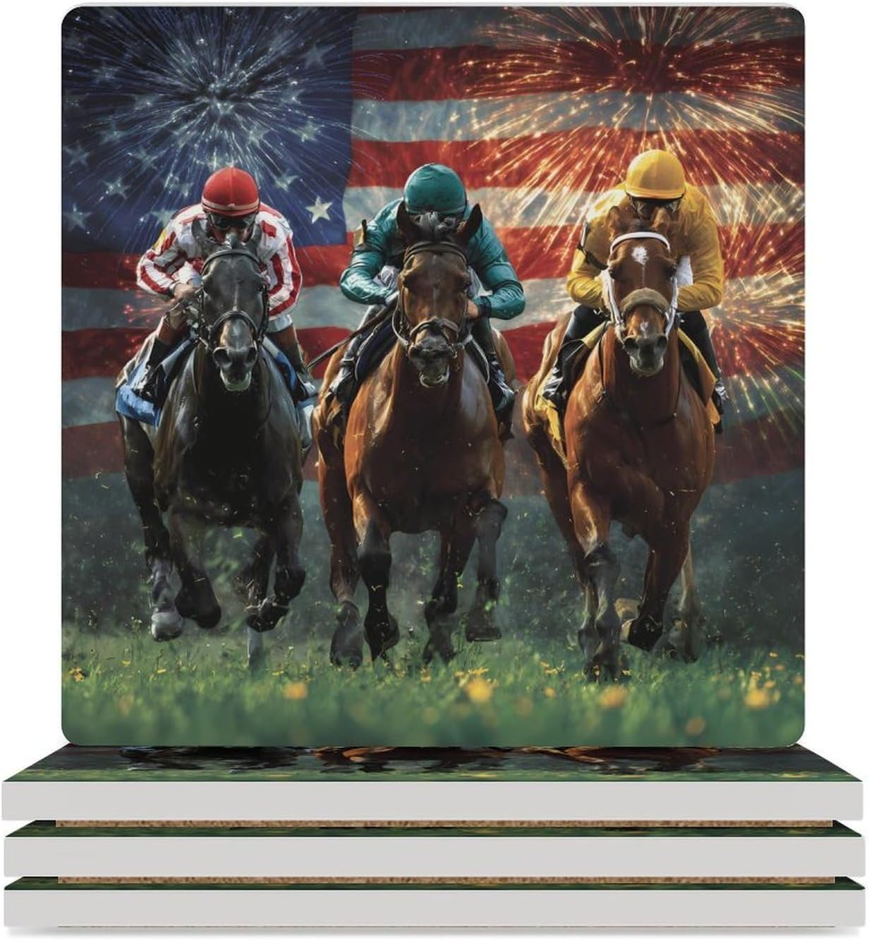 USA Running Horses Coaster for Drinks Square Ceramic Table Coasters Stone Mat Crafts 4PCS Home Kitchen Decor
