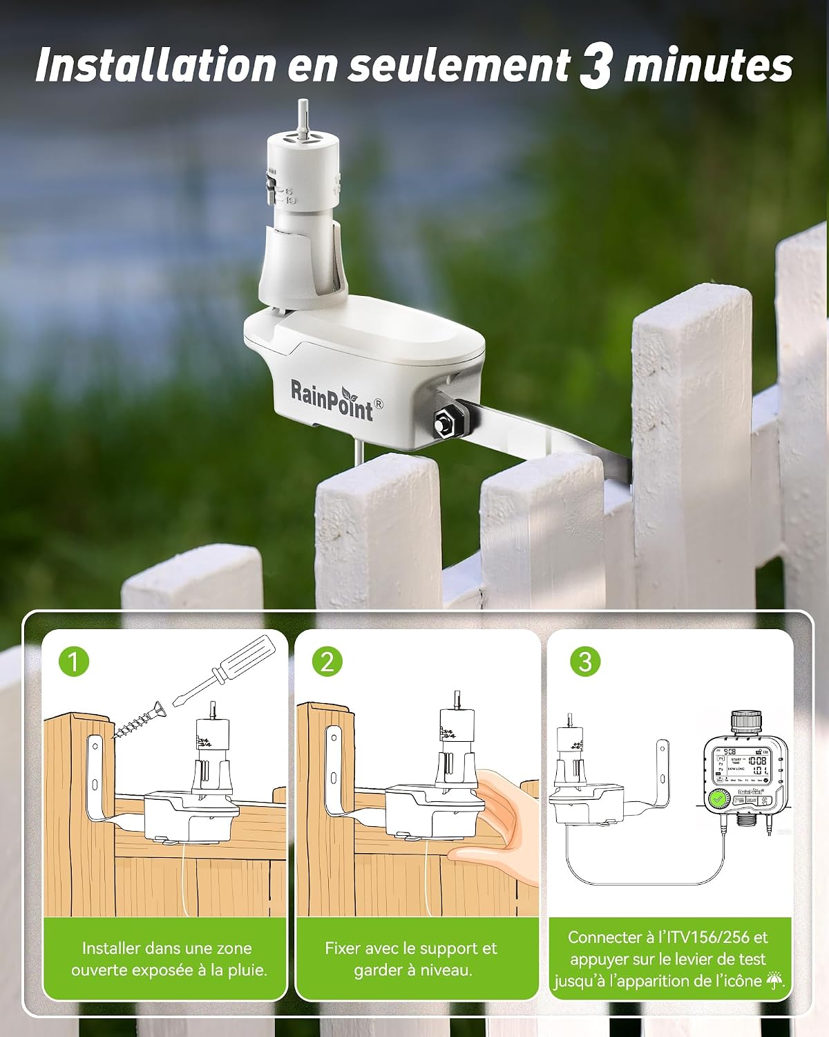 Three-step diagram showing how to install the RAINPOINT rain sensor: mount on a fence, secure with bracket, and connect to the timer.