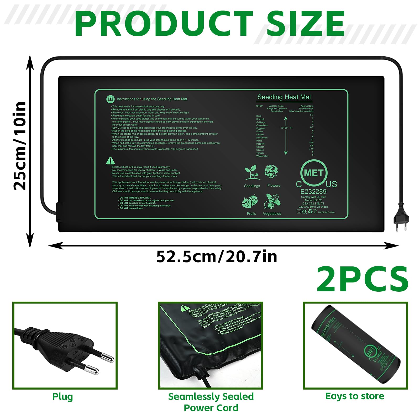 PORFOYO 2 Pièces Tapis Chauffant pour Plantes, 21W Tapis Chauffant pour Semis, Tapis Chauffant Plante, Coussin Chauffant pour Serrepour Semis, Germination, Reptile, 25cmx52.5cm