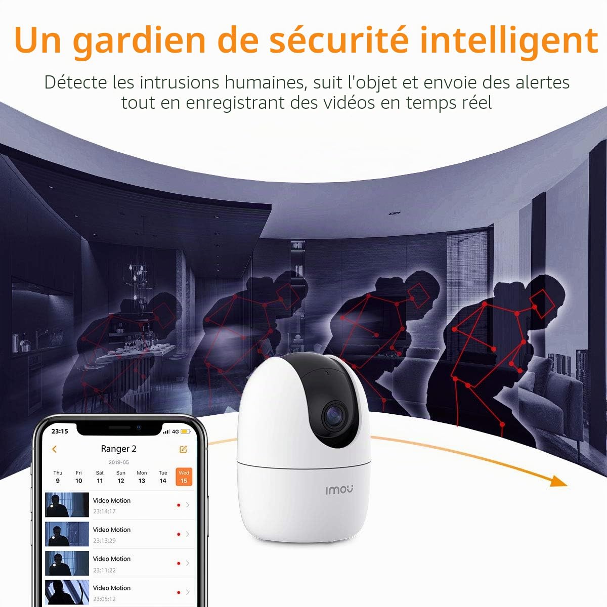 Imou Ranger 2 5MP (IPC-K2EN-5H2W) - Caméra dôme WiFi motorisée de 5 MP dispose d'une IA, d'un suivi automatique, d'un audio bidirectionnel, d'une sirène, d'un microphone, d'un infrarouge de 10 m, d'un