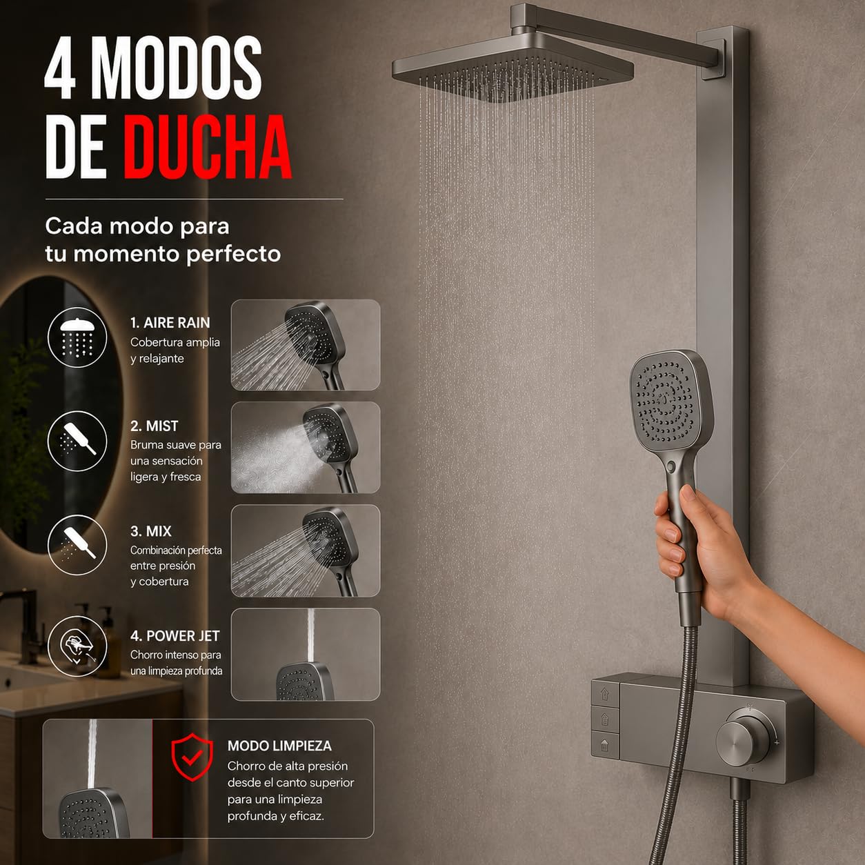 INEX EUROPA Columna de Ducha Negro Gris Titanio Premium Acero Inoxidable 10 Años Garantía - Columna Ducha Cuadrada Efecto Lluvia 3 Modos de Operación - Torre de Ducha 137cm Negro Gris Titanio