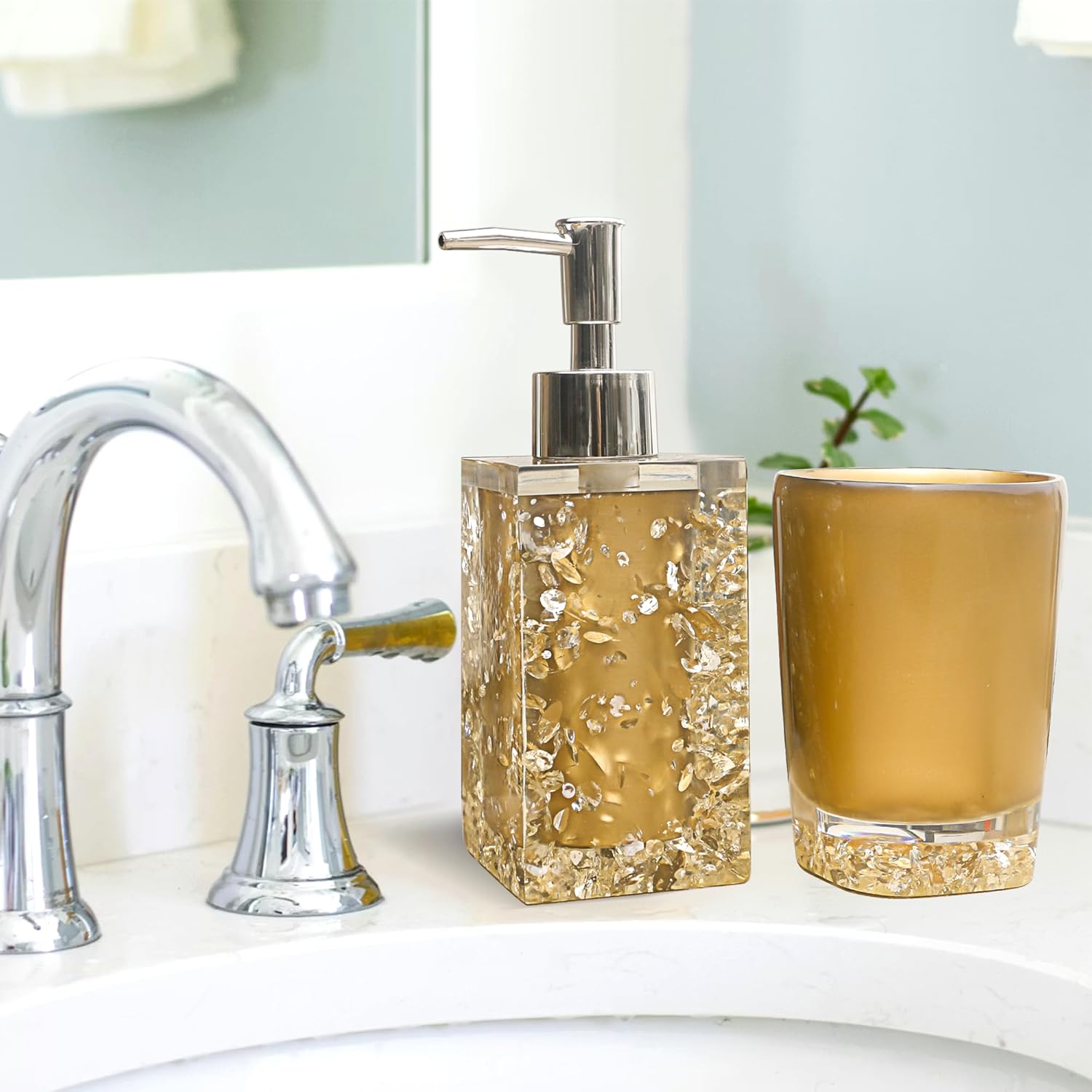 LUANT 5-Piece Resin Bathroom Accessory Set with Soap Dish, Dispenser, Toothbrush Holder and Tumbler, Golden