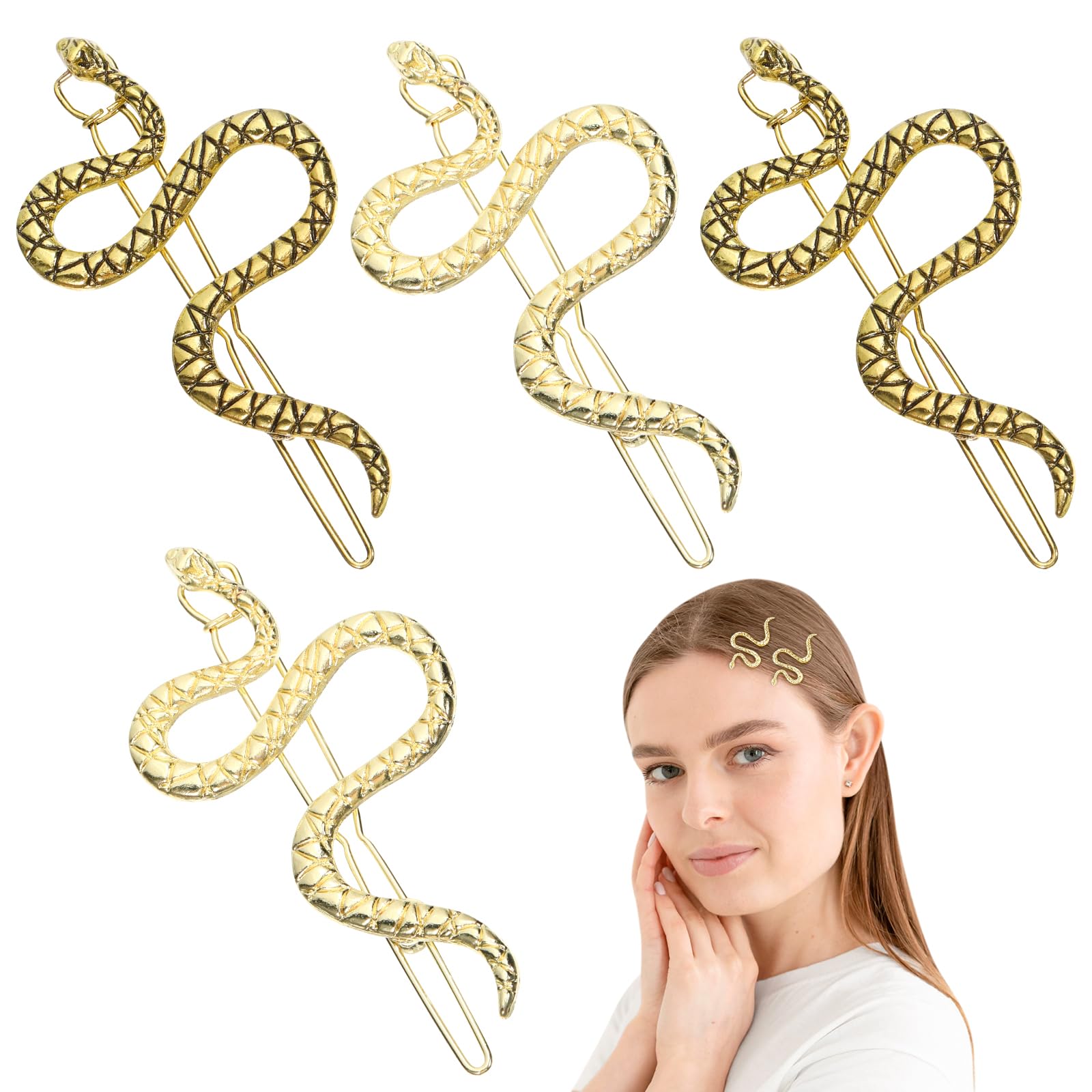 4pcs Snake Hair Clip Vintage Decorative Metal Hair Pins for Women and Girls (Golden)